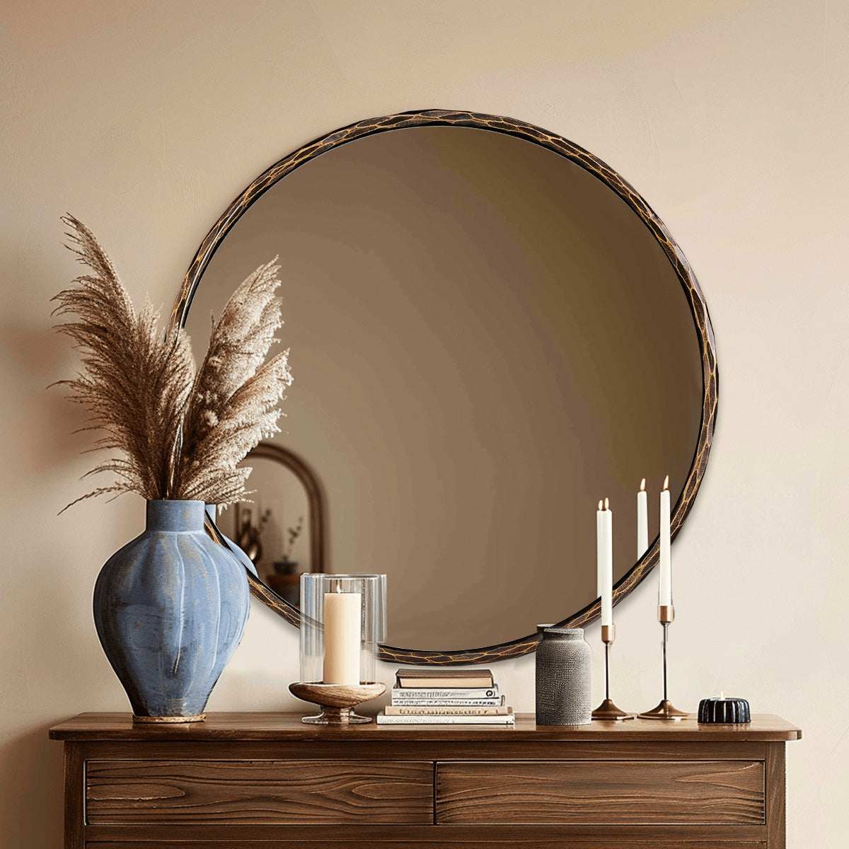 Antique Hand Hammer Forged Iron Mirror Circle Wrought Iron Mirror Round Wall Mirror