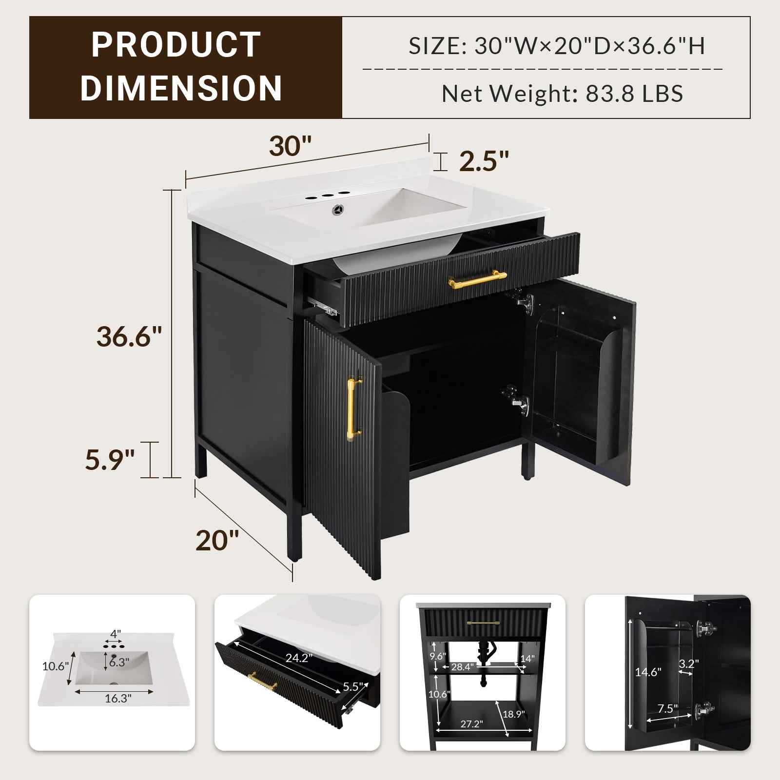 Modern Freestanding Bathroom Vanity Cabinet with Stainless Steel Sink Top