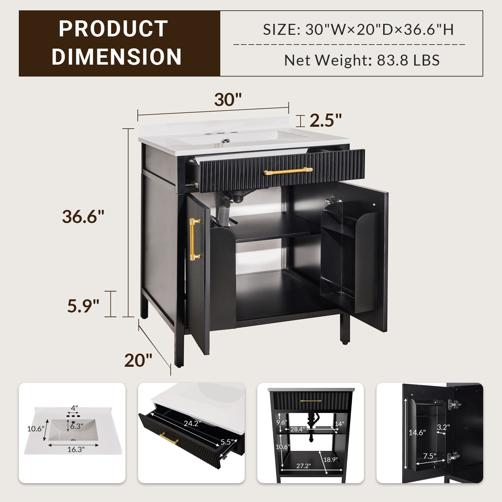 Modern Bathroom Vanities with Sink Combo Wave Bathroom Cabinet with Shelf and Drawer