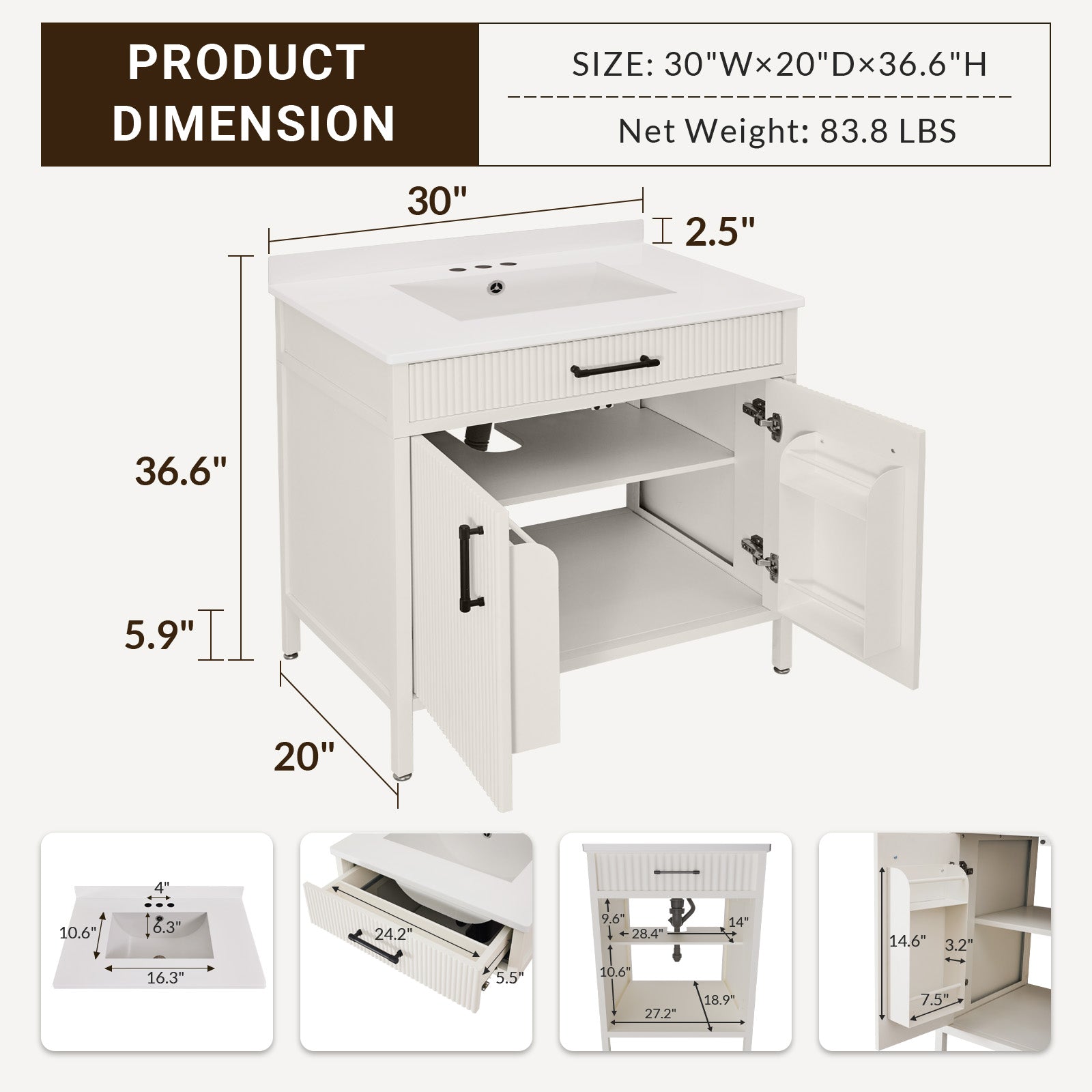 Modern Freestanding Bathroom Vanity Cabinet with Stainless Steel Sink Top
