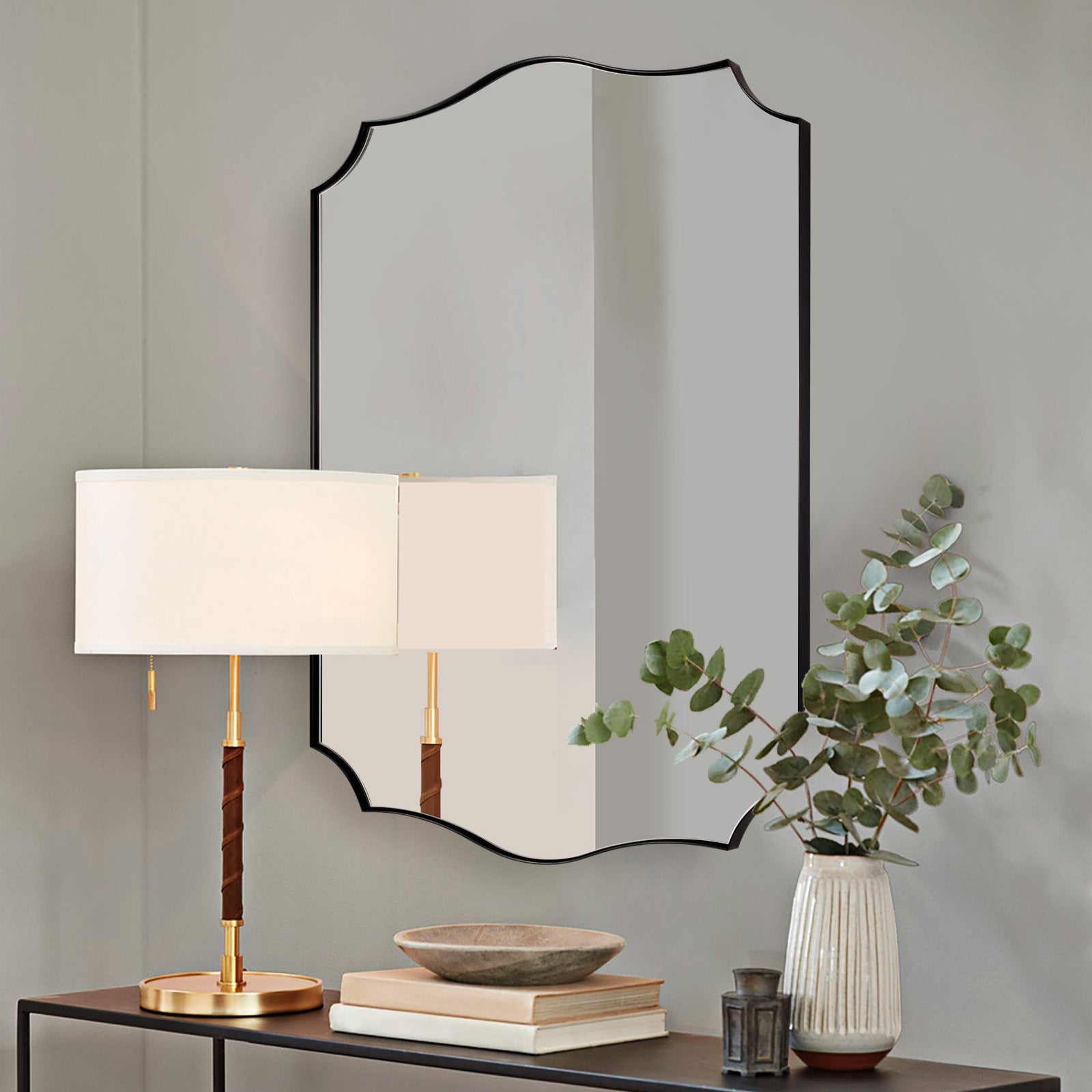 Traditional Rectangle Scalloped Wall Mirror for Bathroom | Stainless Steel Frame