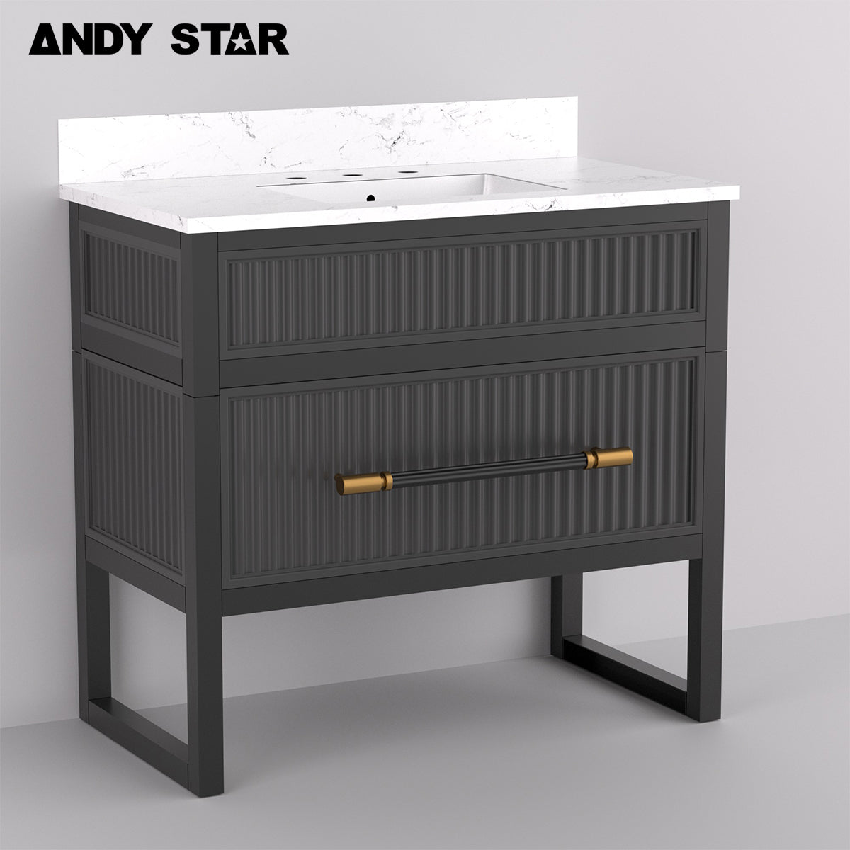 ANDY STAR Free Standing Single Basin Bath Vanity Set with Cabinet, Carrara Marble Top, Large Drawer