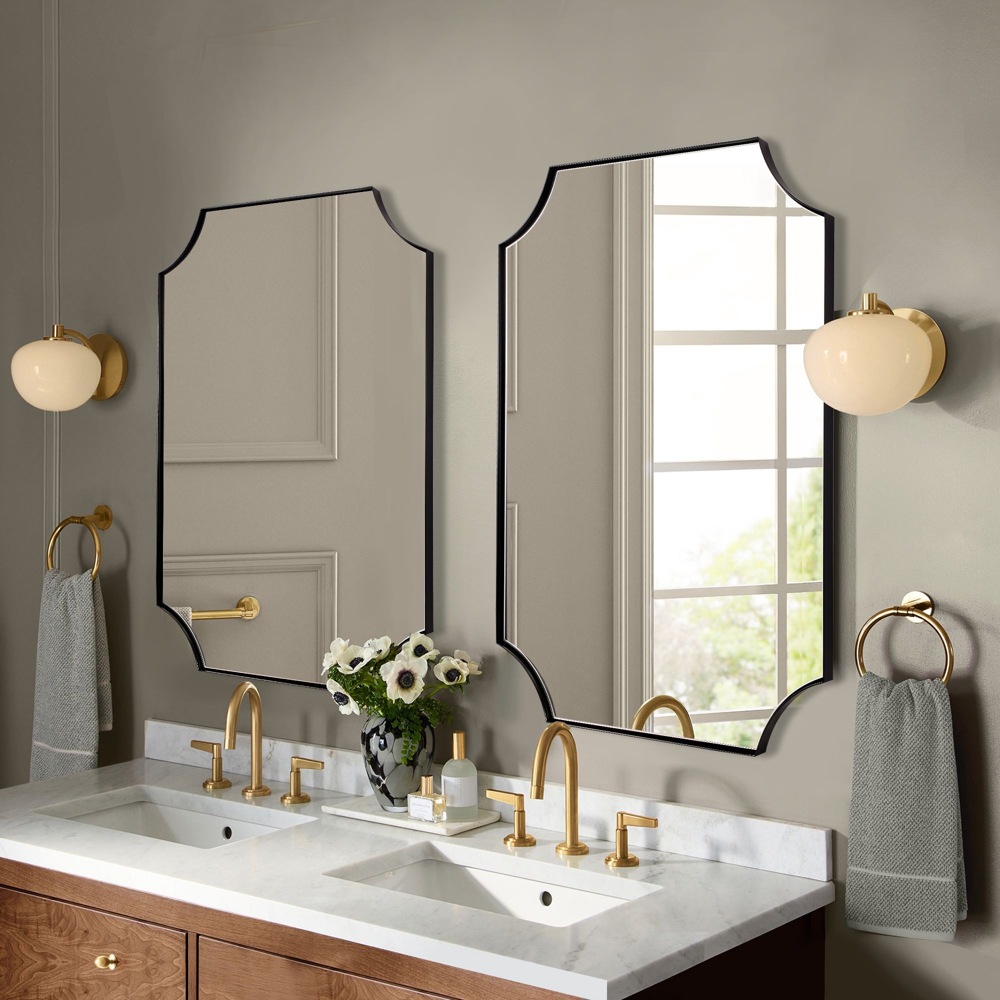 Contemporary Notched Corner Scalloped Rectangle Bathroom Wall Mirror | Stainless Steel Frame