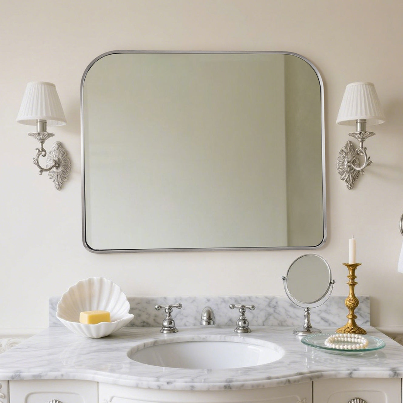 Anthropology Bold-Frame Wide Arch Mantel Mirror Bathroom Vanity Mirror ,Over the Fireplace | Stainless Steel Frame