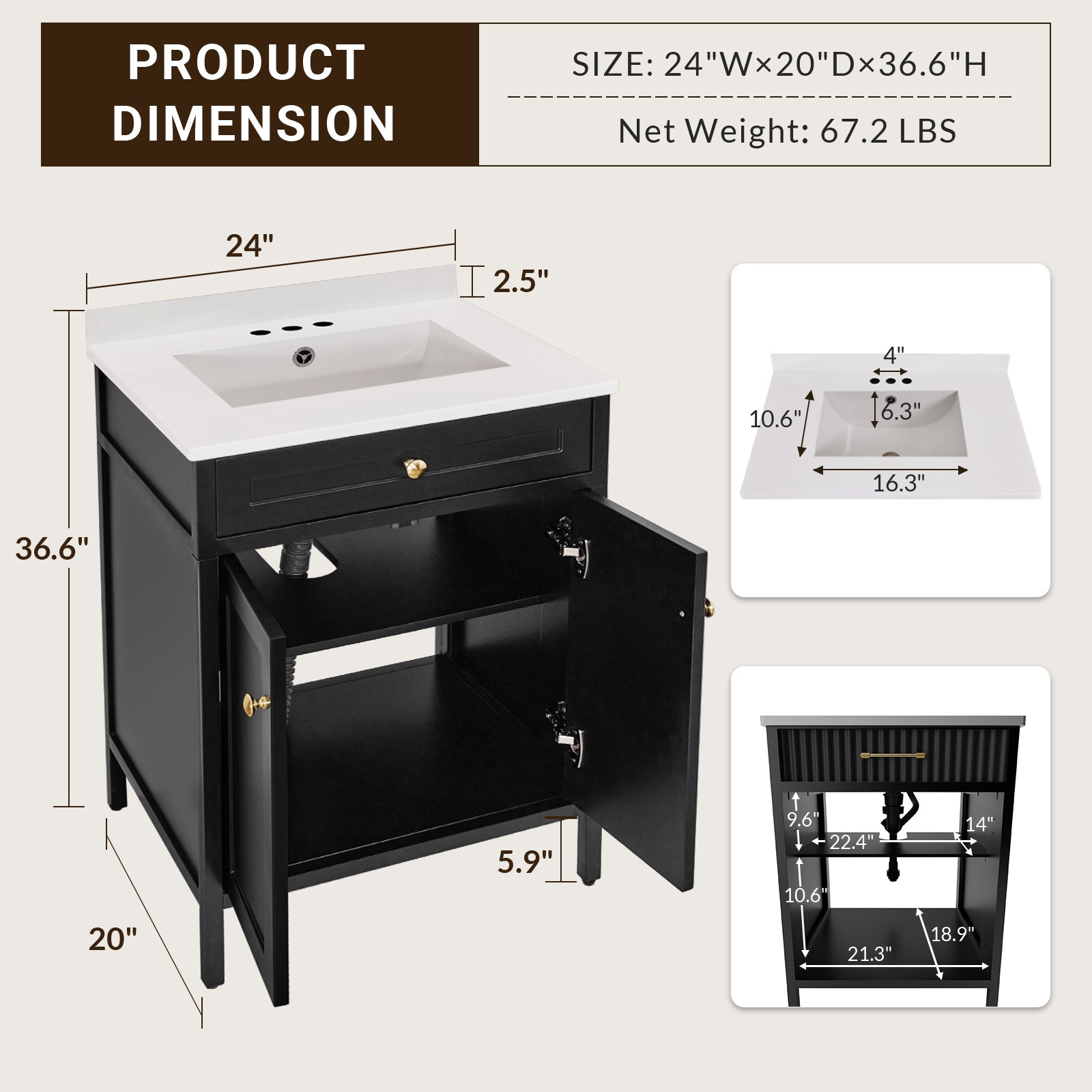 Modern Free Standing Single Bathroom Vanity Set with Stainless Steel Sinks Top
