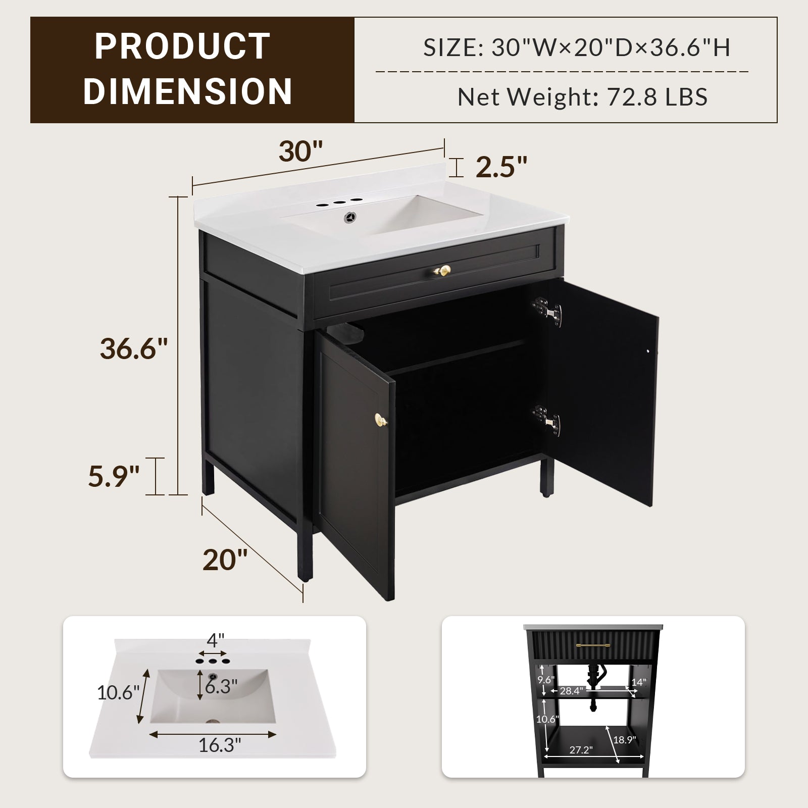 Modern Free Standing Single Bathroom Vanity Set with Stainless Steel Sinks Top
