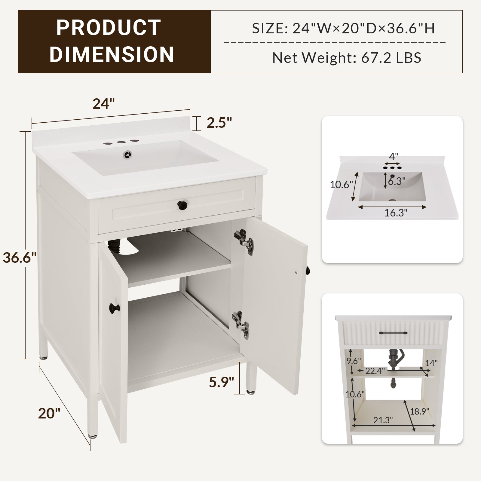 Modern Free Standing Single Bathroom Vanity Set with Stainless Steel Sinks Top