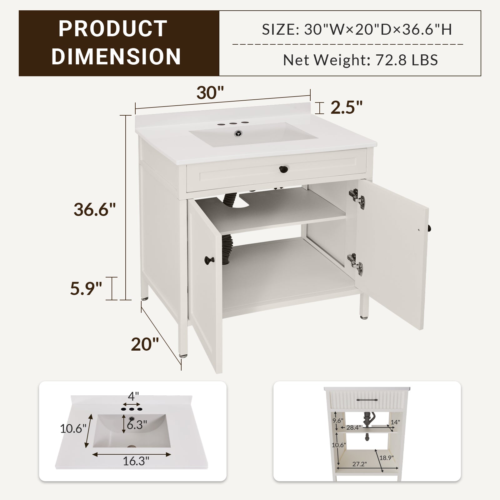 Modern Free Standing Single Bathroom Vanity Set with Stainless Steel Sinks Top