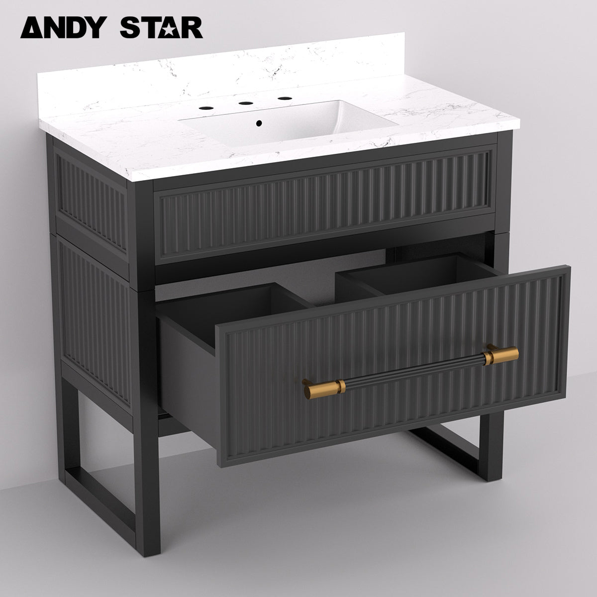 ANDY STAR Free Standing Single Basin Bath Vanity Set with Cabinet, Carrara Marble Top, Large Drawer