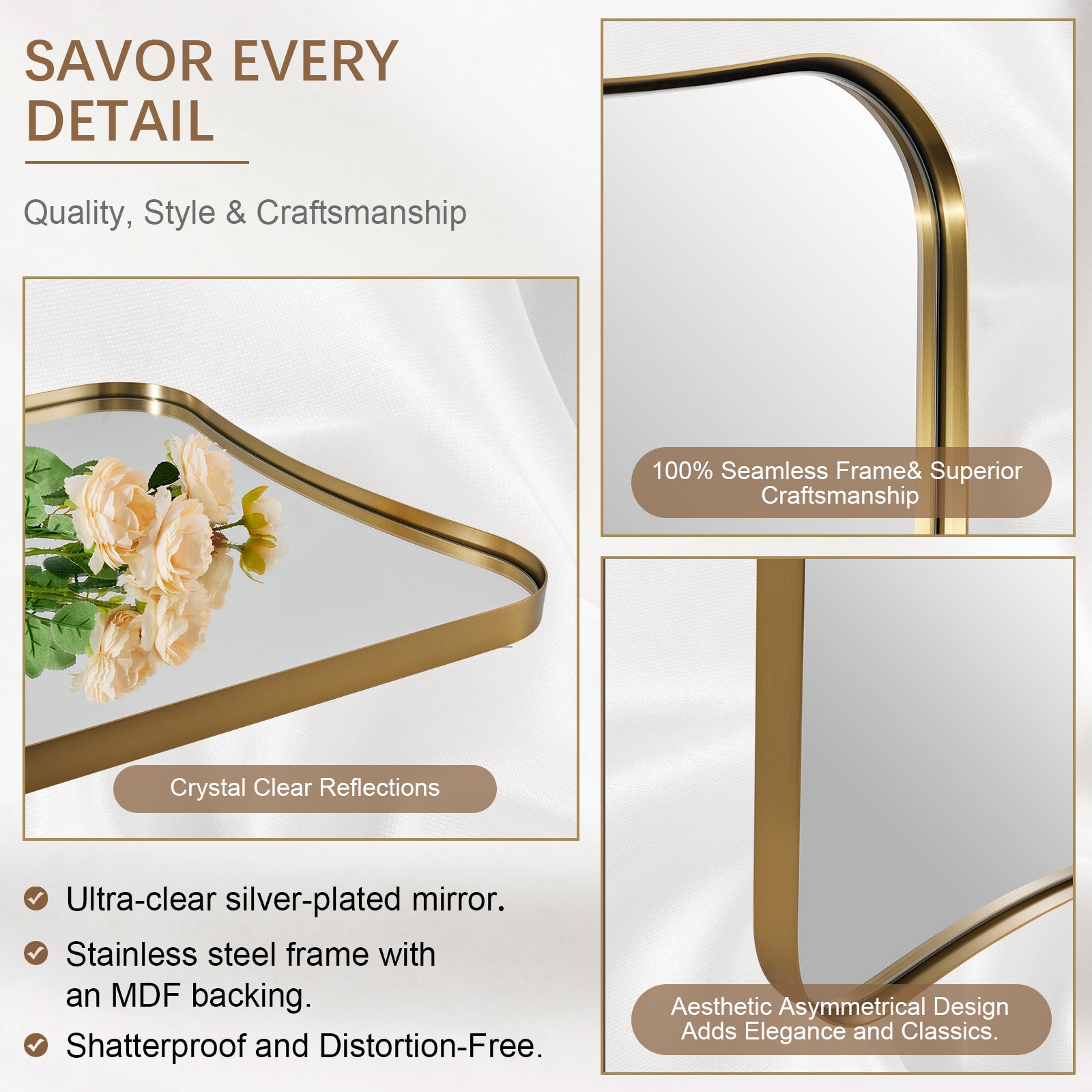 Contemporary Asymmetrical Irregular Wall Mirror for Bathroom |Stainless Steel Frame