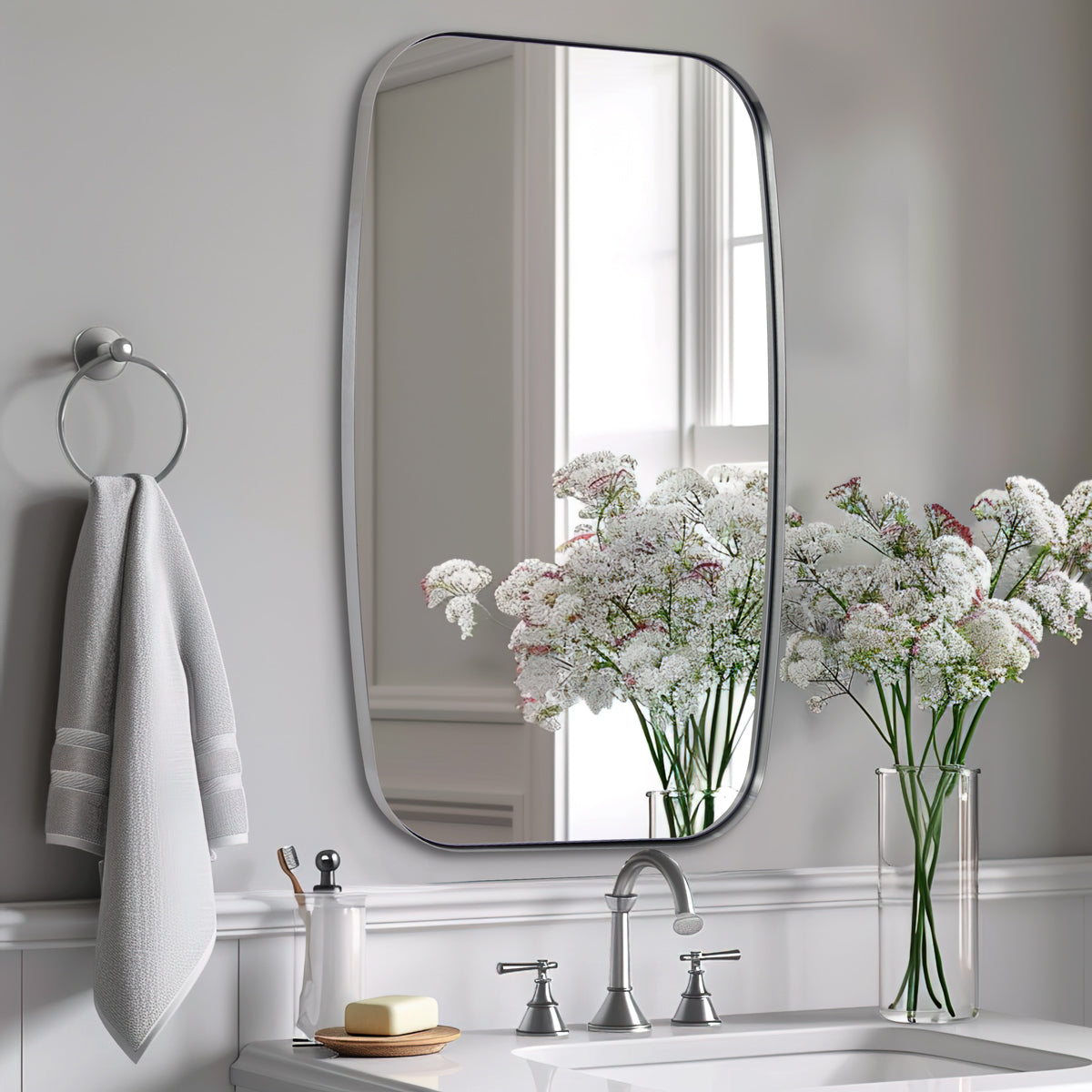Modern Oblong Bathroom Mirror Long Oval Mirror | Stainless Steel Frame