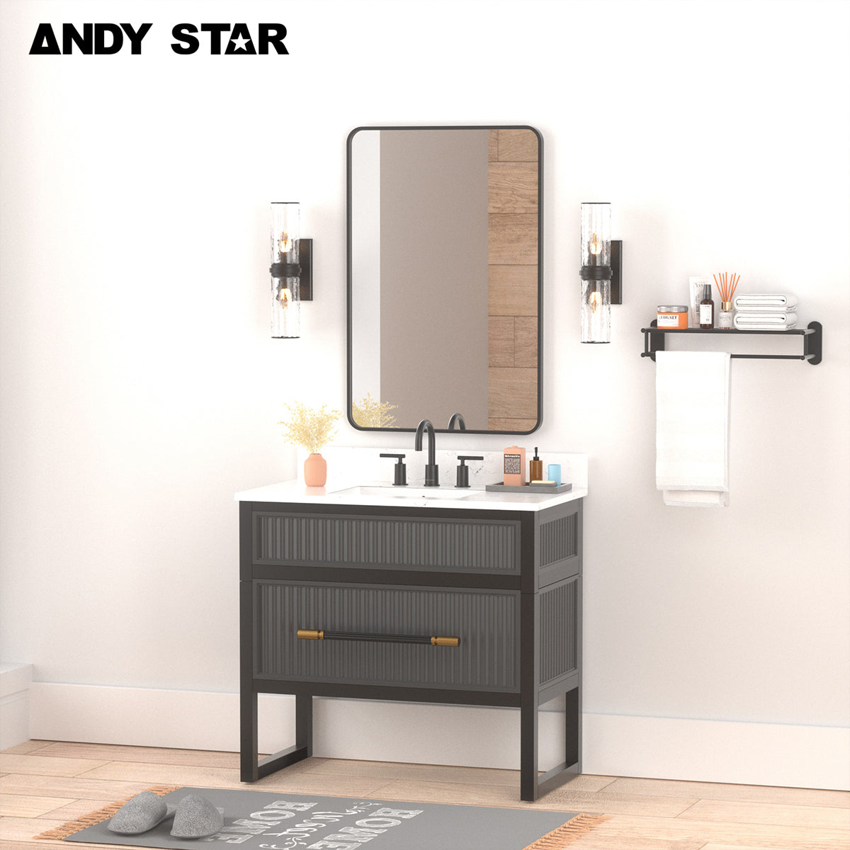 ANDY STAR Free Standing Single Basin Bath Vanity Set with Cabinet, Carrara Marble Top, Large Drawer