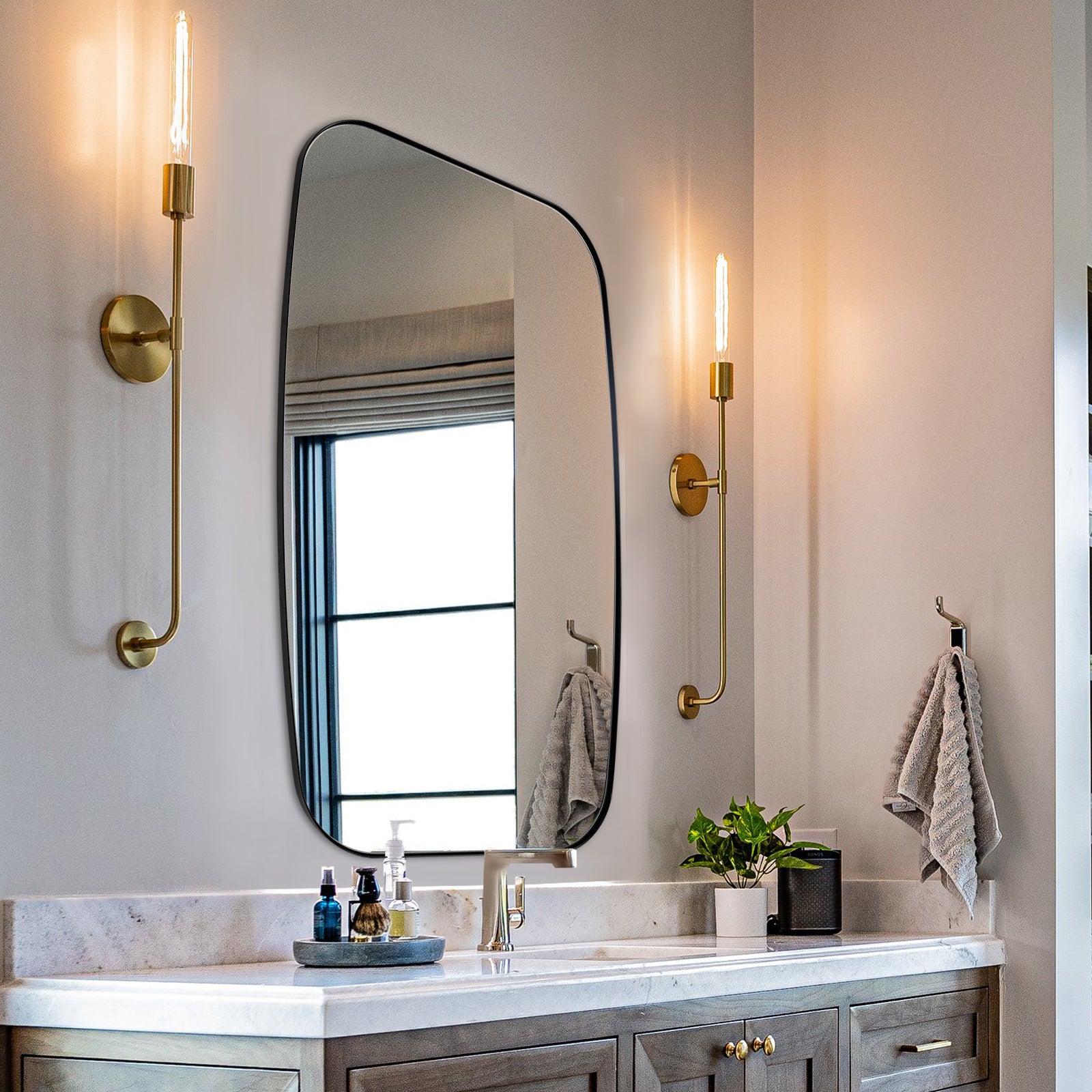 Modern Oblong Bathroom Mirror Long Oval Mirror | Stainless Steel Frame
