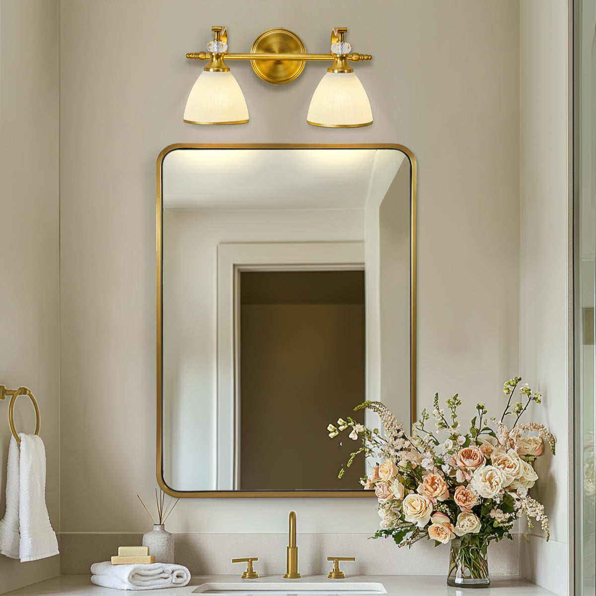 Artistical Metal Crank Frame White Frosted Trumpet Shade Bathroom Sconces