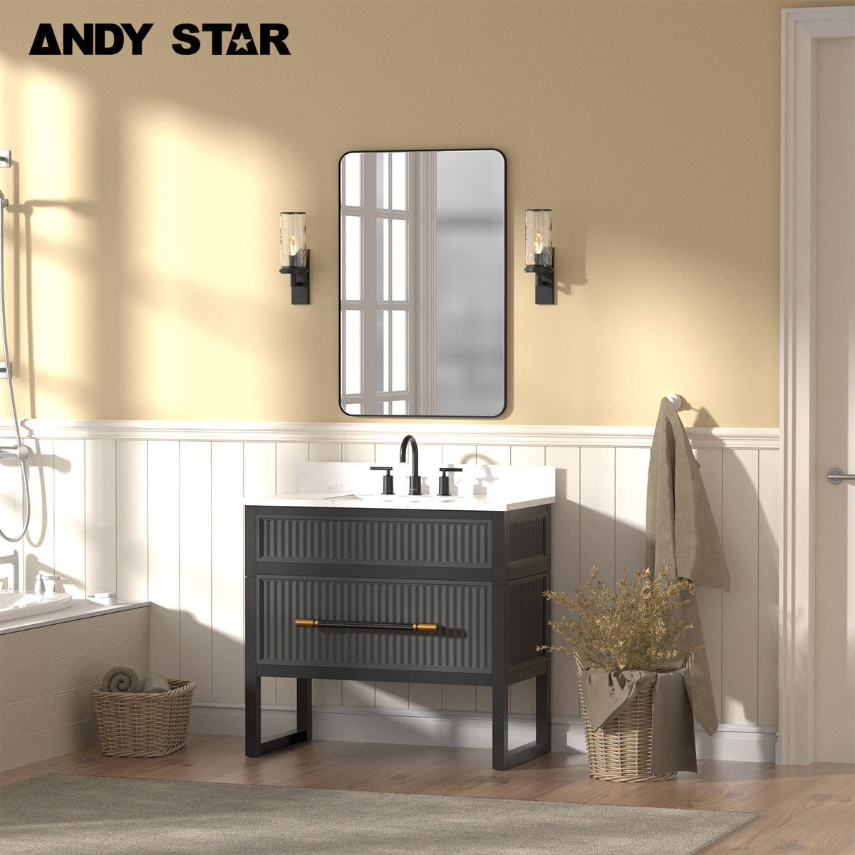 ANDY STAR Free Standing Single Basin Bath Vanity Set with Cabinet, Carrara Marble Top, Large Drawer