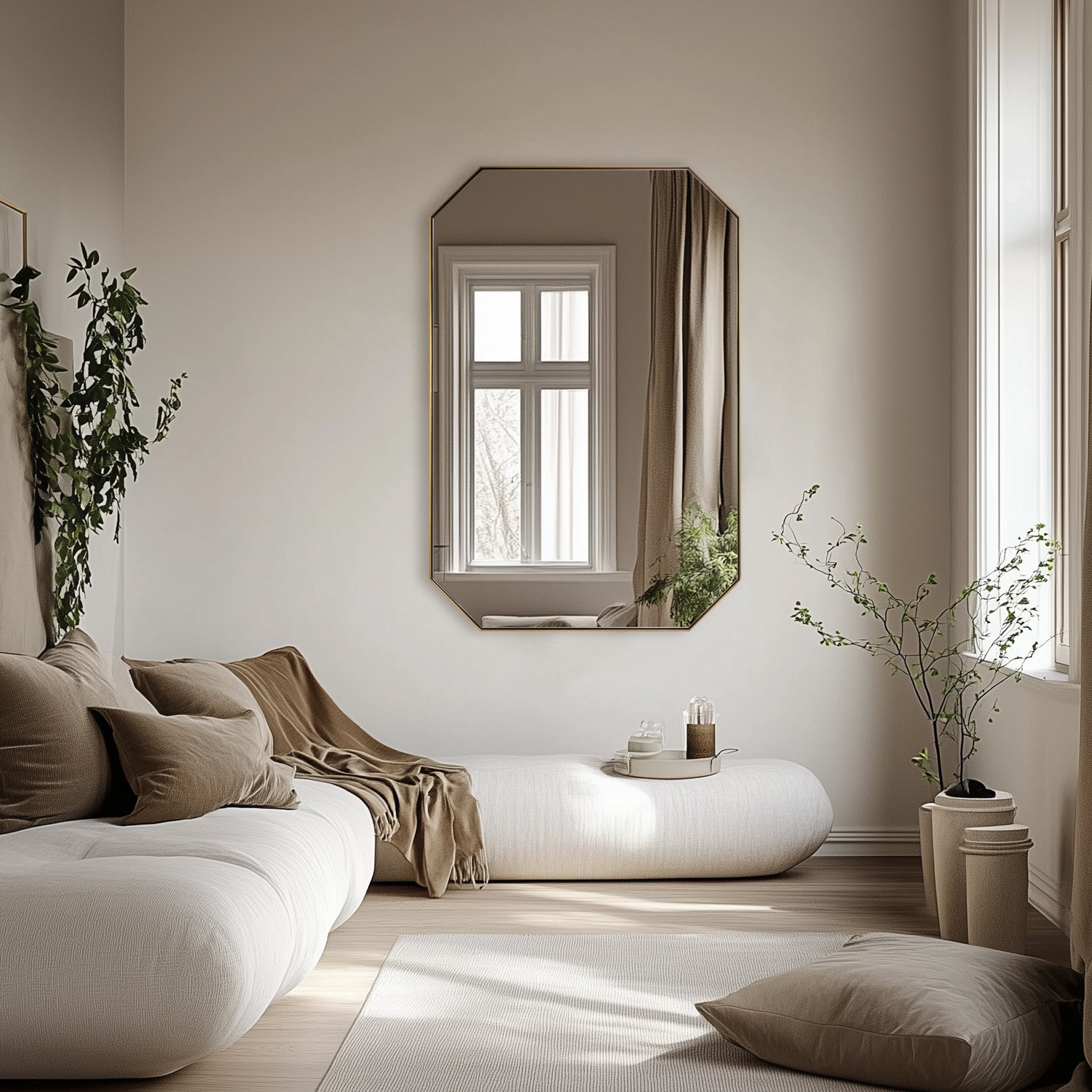 Contemporary Cut Corner Octagonal Scalloped Rectangle Mirror for Bathroom  |Stainless Steel Frame