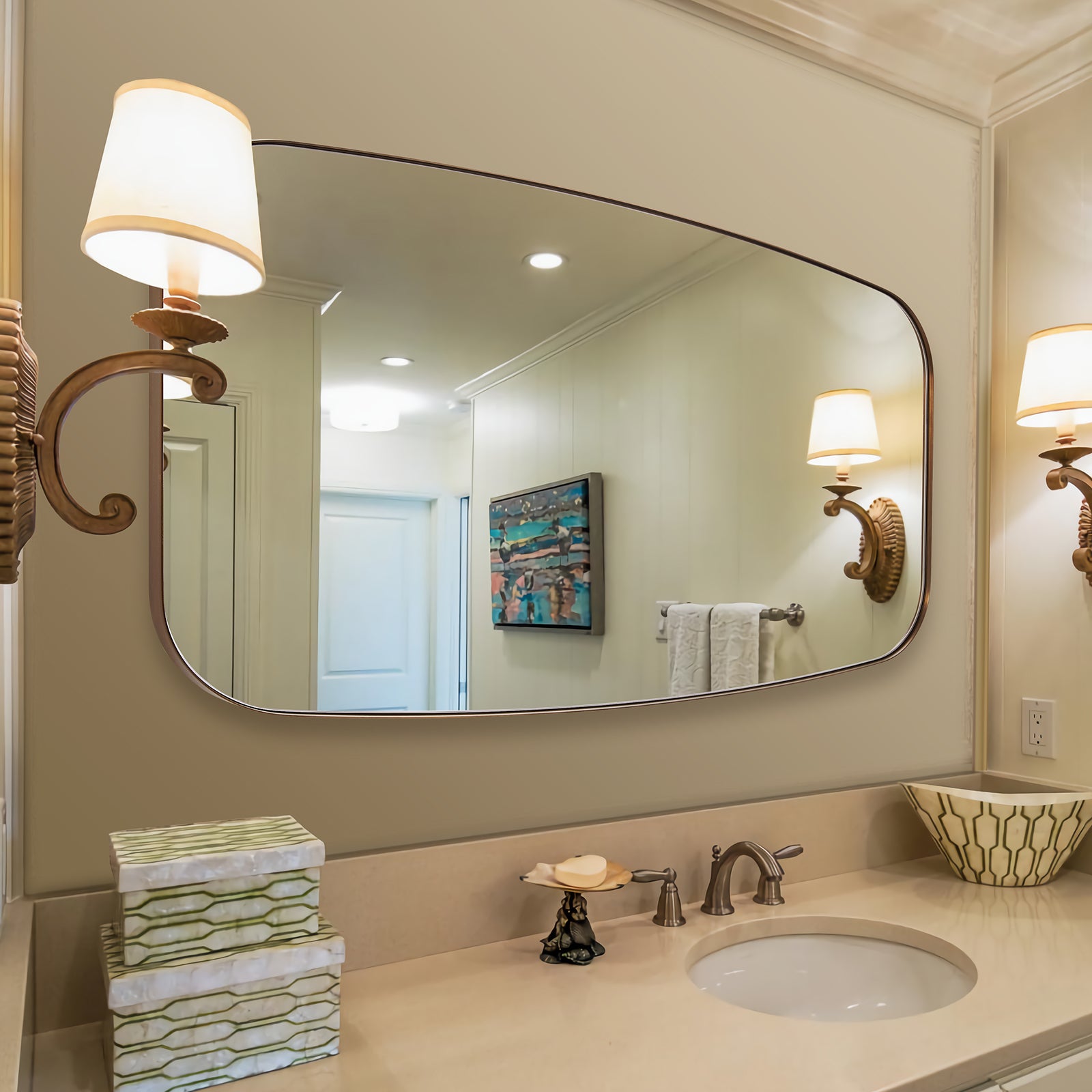 Modern Oblong Bathroom Mirror Long Oval Mirror | Stainless Steel Frame