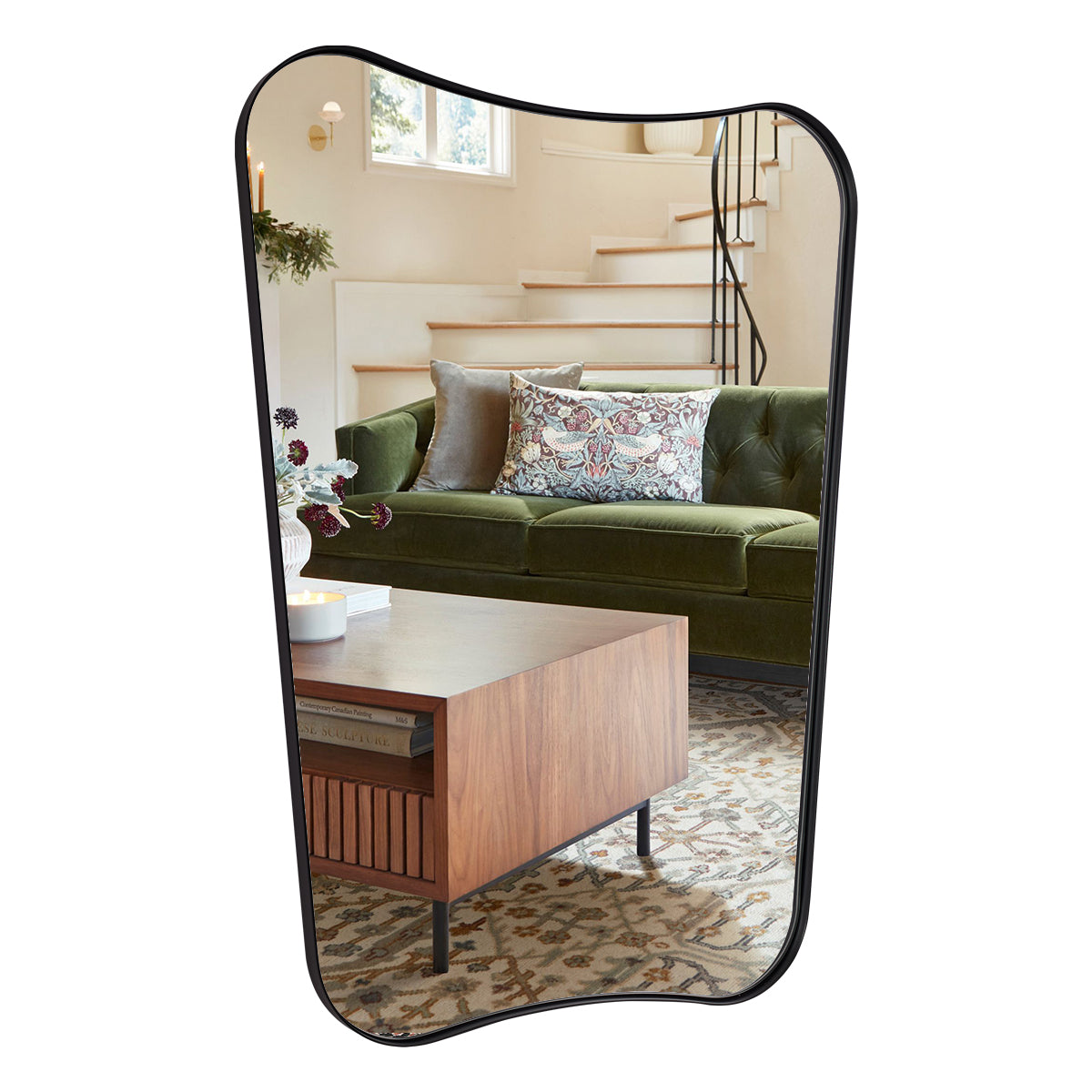 Modern Concave Top Rectangle Irregular Scalloped Bathroom Wall Mirror |Stainless Steel Frame