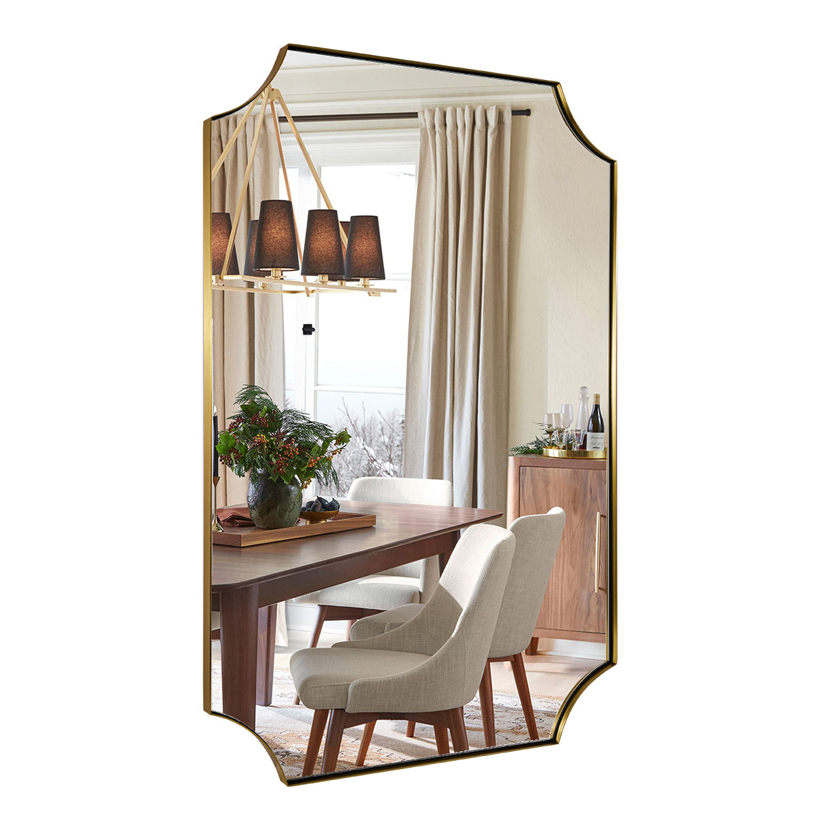 Contemporary Rounded Notched Corner Scalloped Rectangle Bathroom Vanity Mirror | Stainless Steel Frame