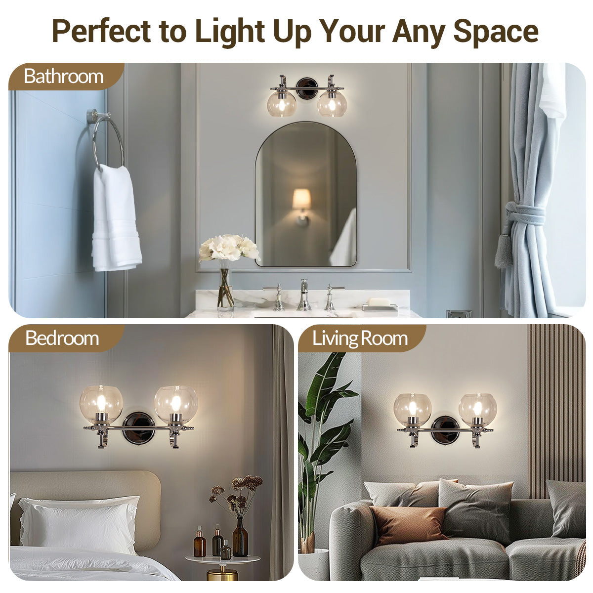 Modern Metal Crank Frame Clear Globe Glass Shade Wall Sconces for Bathroom, Living Room