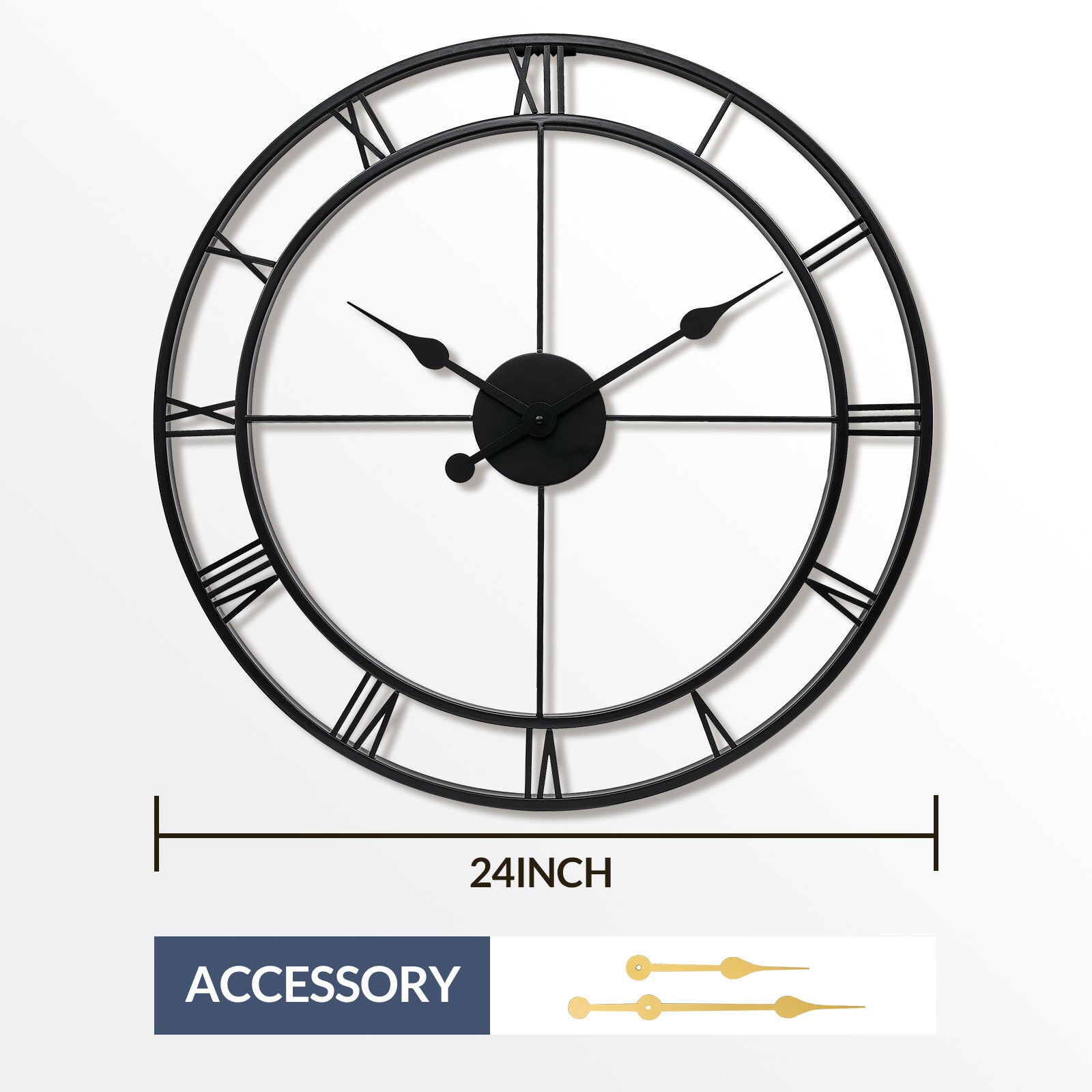 Retro Large Stainless Steel Round Hollow Metal Wall Clock Roman Numerals