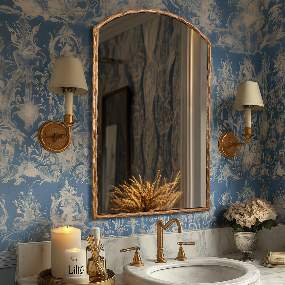 Vintage Hand-Forged Arched Mirror Hammered Wrought Iron Bathroom Mirror