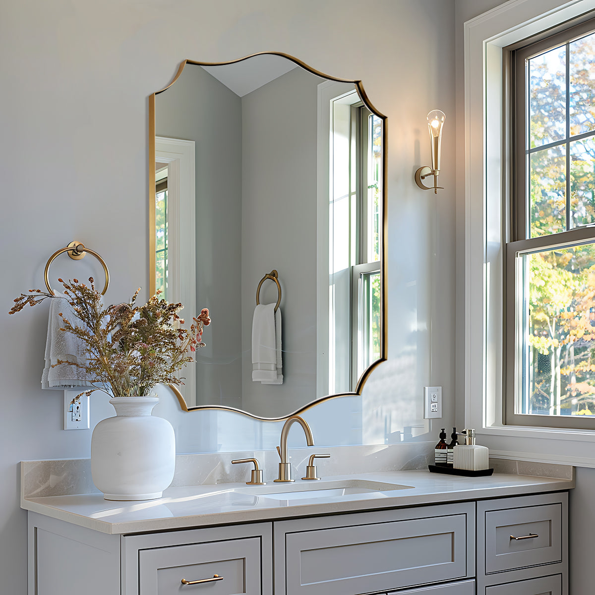 Traditional Rectangle Scalloped Wall Mirror for Bathroom | Stainless Steel Frame