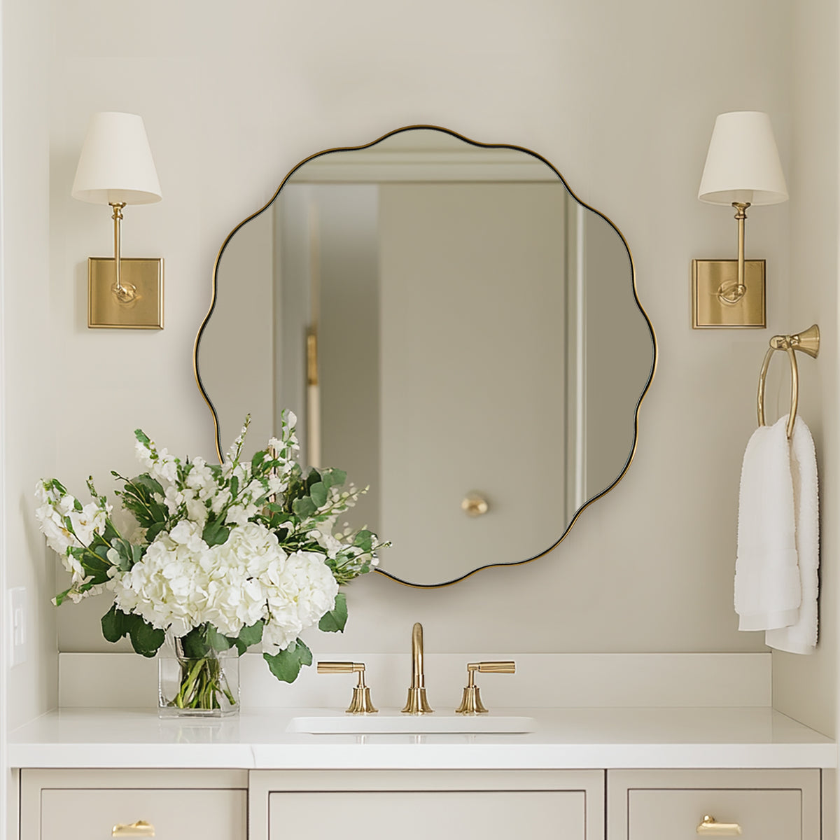 Contemporary Round Scalloped Mirror Wavy Circle Bathroom Vanity Mirror | Stainless Steel Frame