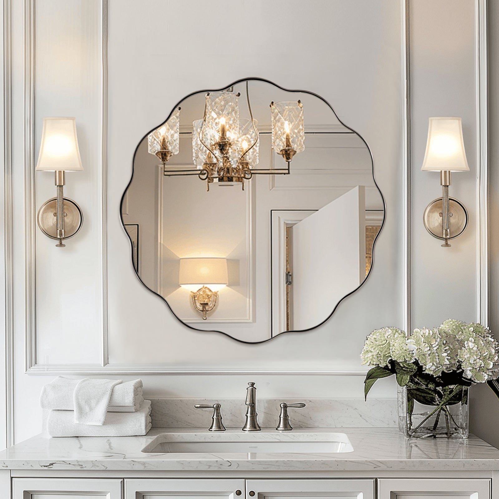 Contemporary Round Scalloped Mirror Wavy Circle Bathroom Vanity Mirror | Stainless Steel Frame