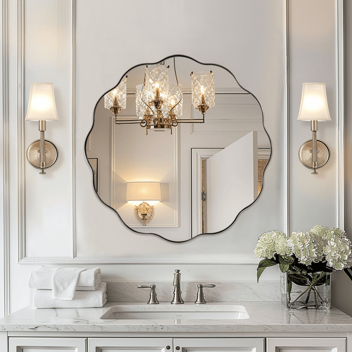 Contemporary Round Scalloped Mirror Wavy Circle Bathroom Vanity Mirror | Stainless Steel Frame