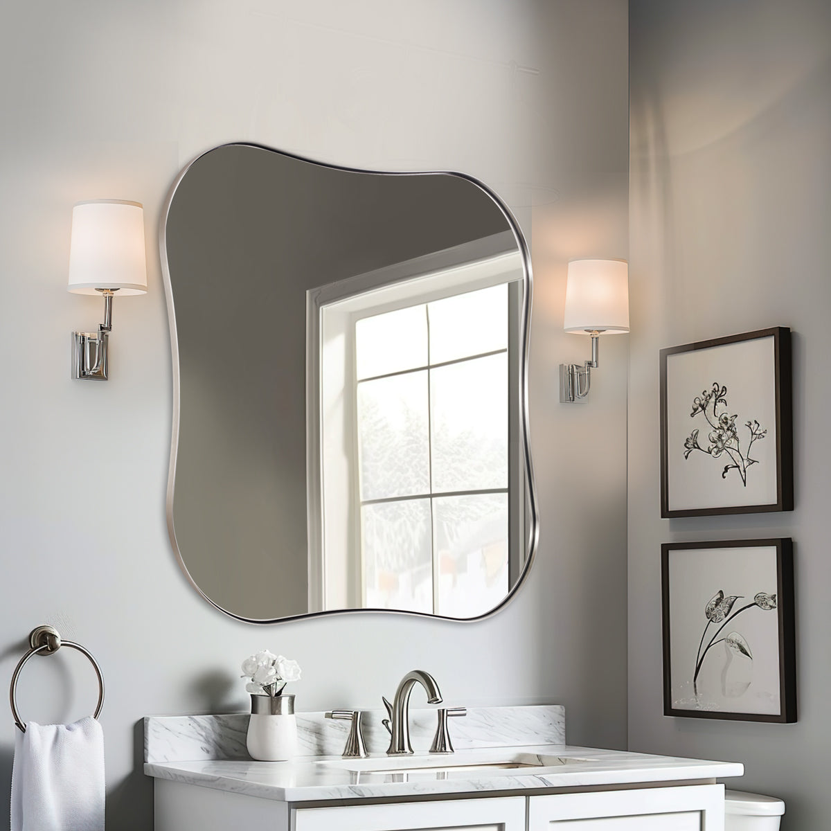 Contemporary Square Scalloped Bathroom Mirrors | 30Inch,Stainless Steel Framed