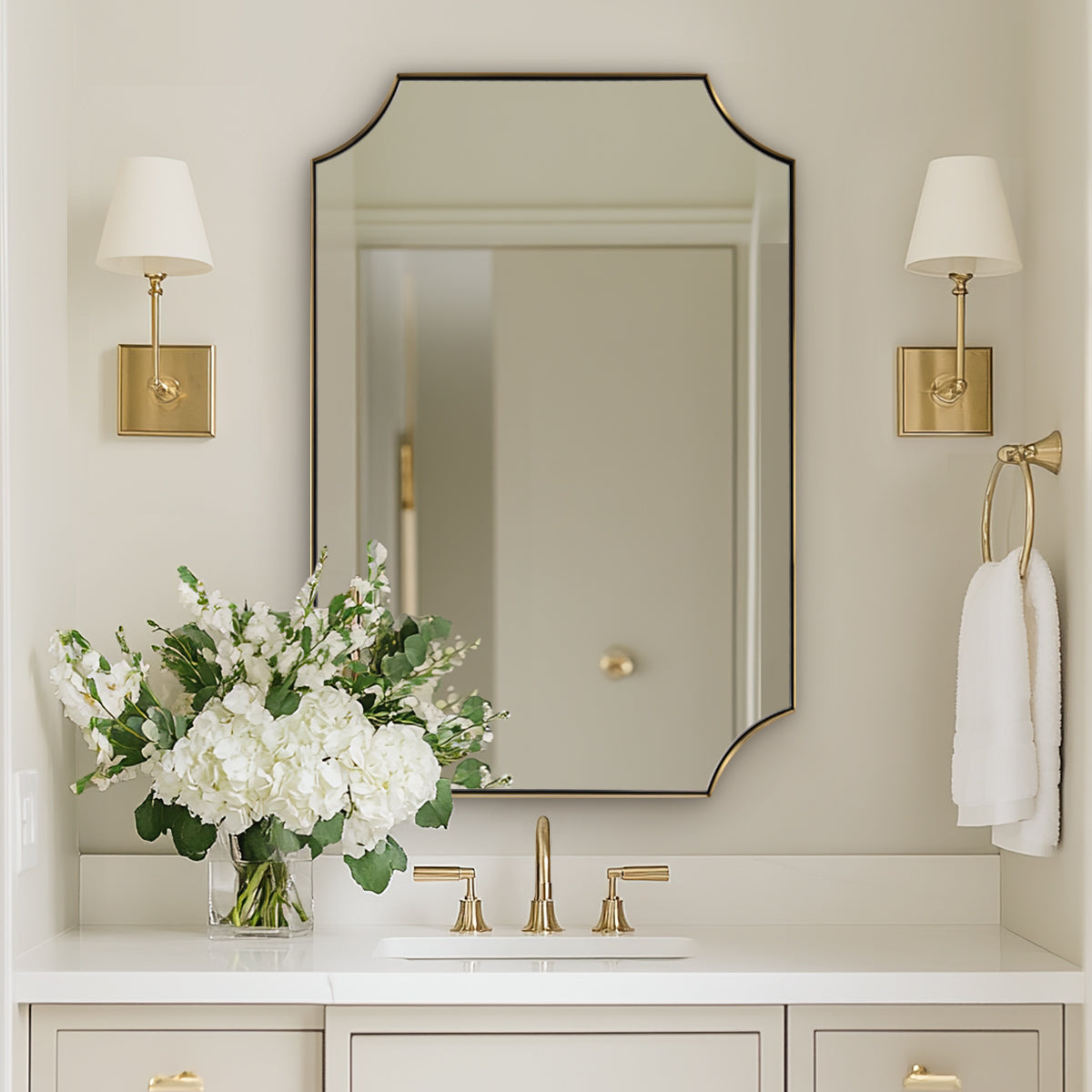 Contemporary Notched Corner Scalloped Rectangle Bathroom Vanity Mirror | Stainless Steel Frame