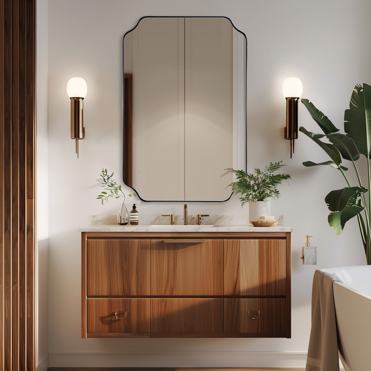 Contemporary Rounded Notched Corner Irregular Scalloped Mirror for Wall /Bathroom | Stainless Steel Frame