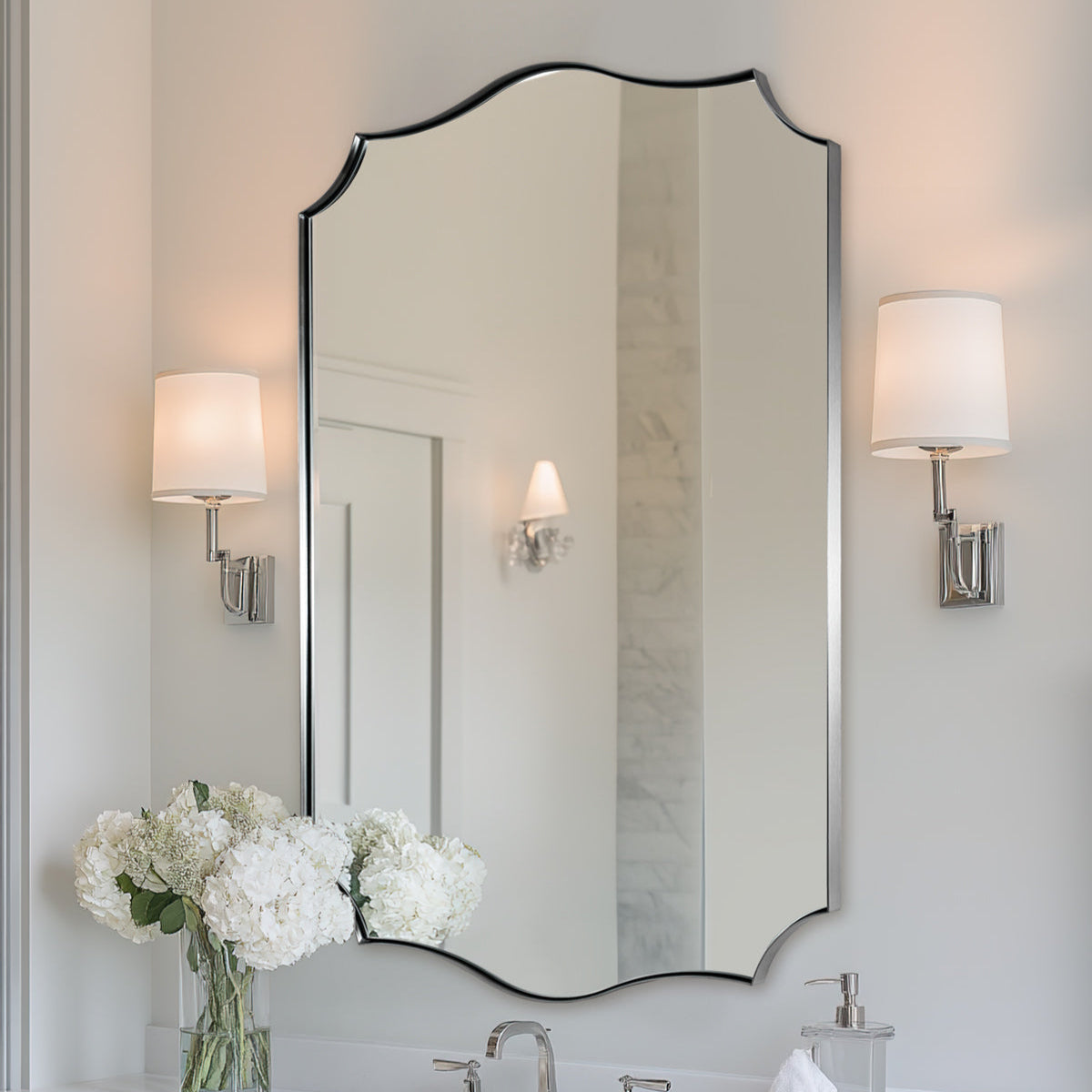 Traditional Rectangle Scalloped Wall Mirror for Bathroom | Stainless Steel Frame