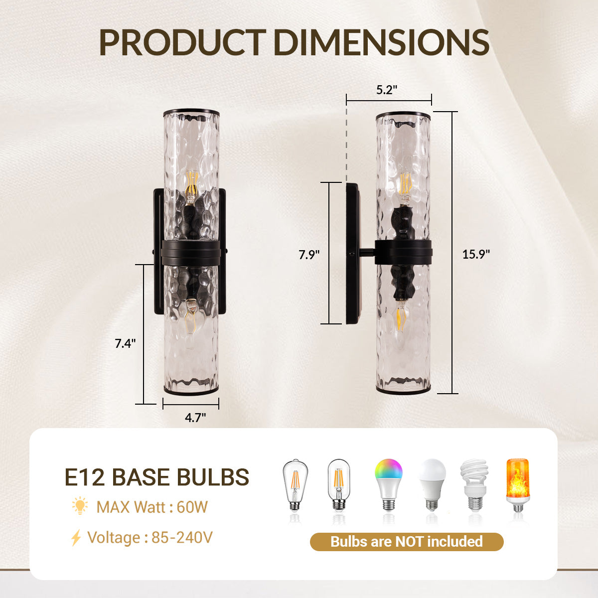 Elegant Hammer Glass Double-Cylinder Shade Wall Sconce Bathroom Light Fixture