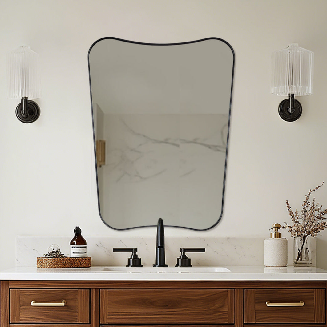 Modern Concave Top Rectangle Irregular Scalloped Bathroom Wall Mirror |Stainless Steel Frame
