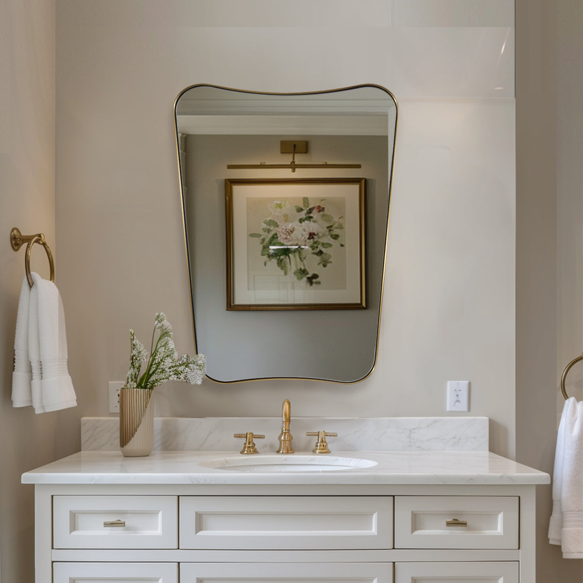 Modern Concave Top Rectangle Irregular Scalloped Bathroom Wall Mirror |Stainless Steel Frame