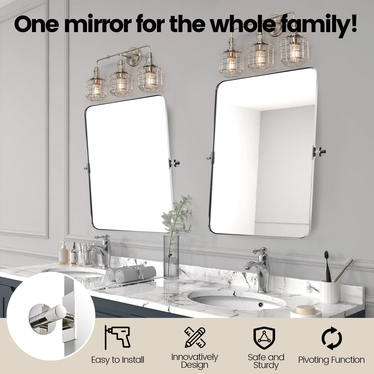 Tilting Rectangular Pivot Mirror for Bathroom/Vanity | Stainless Steel Frame