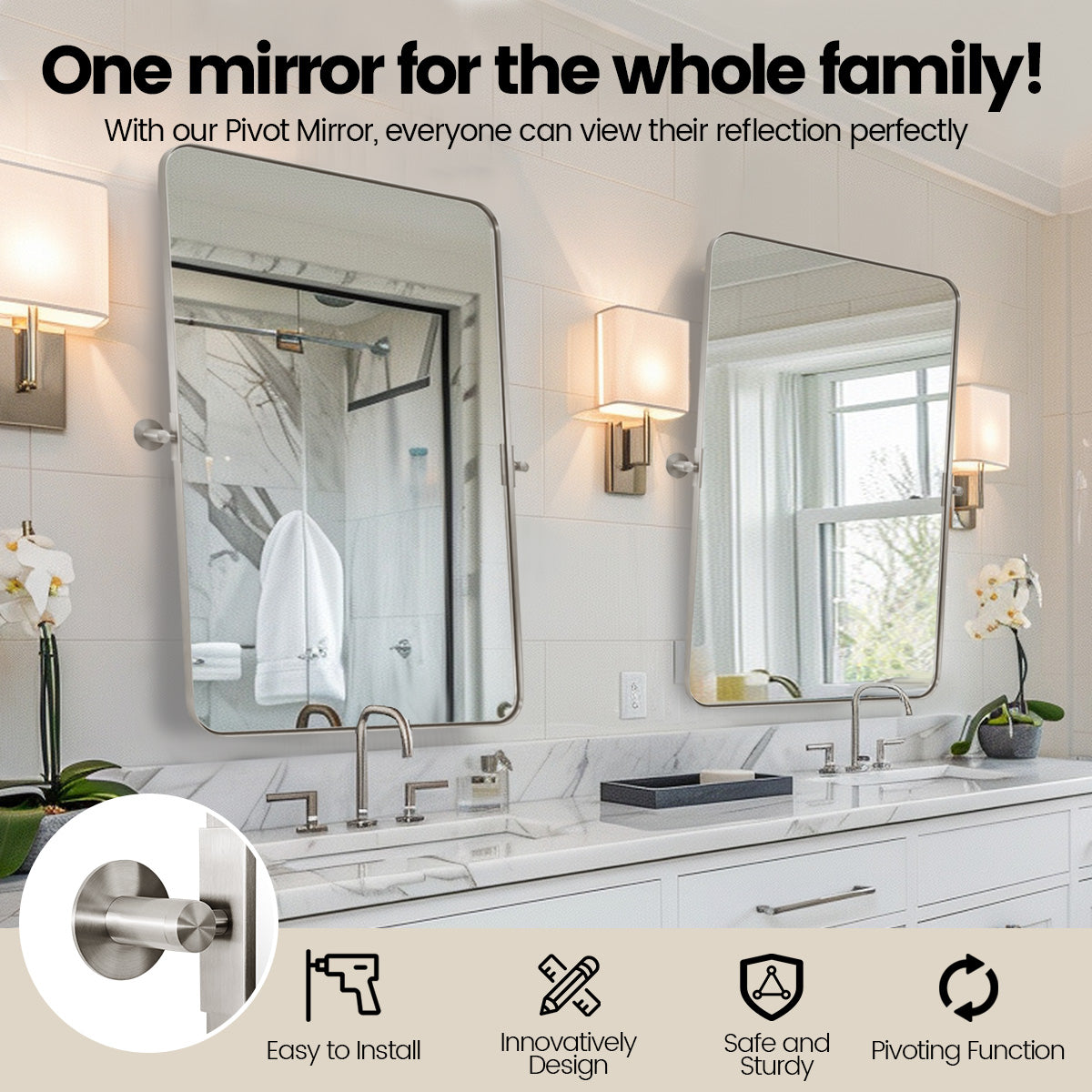 Open Box Like New: Tilting Rectangular Pivot Mirror for Bathroom | Stainless Steel Frame