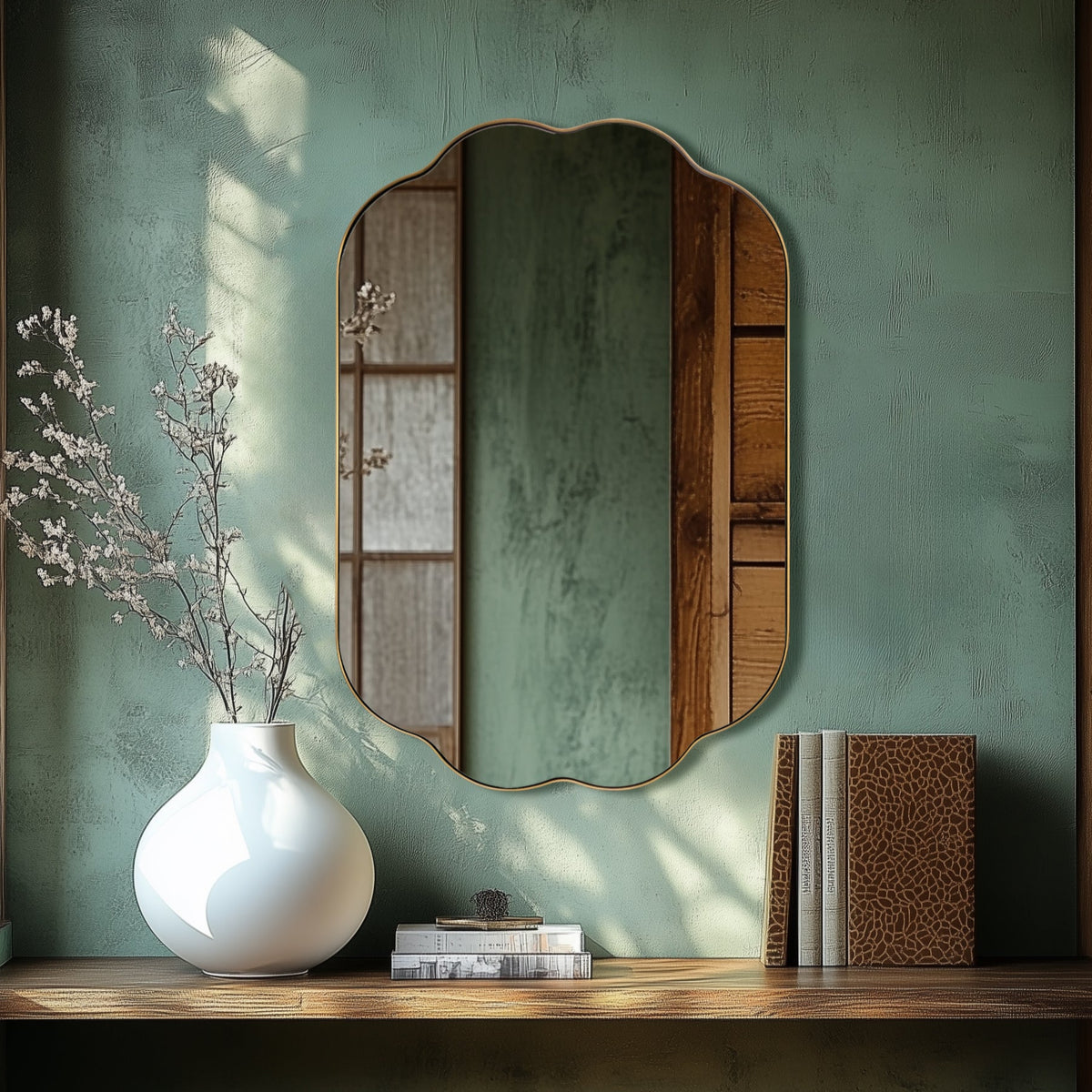 Contemporary Pill Shaped Long Oval Scalloped Bathroom Vanity Wall Mirror| Stainless Steel Framed