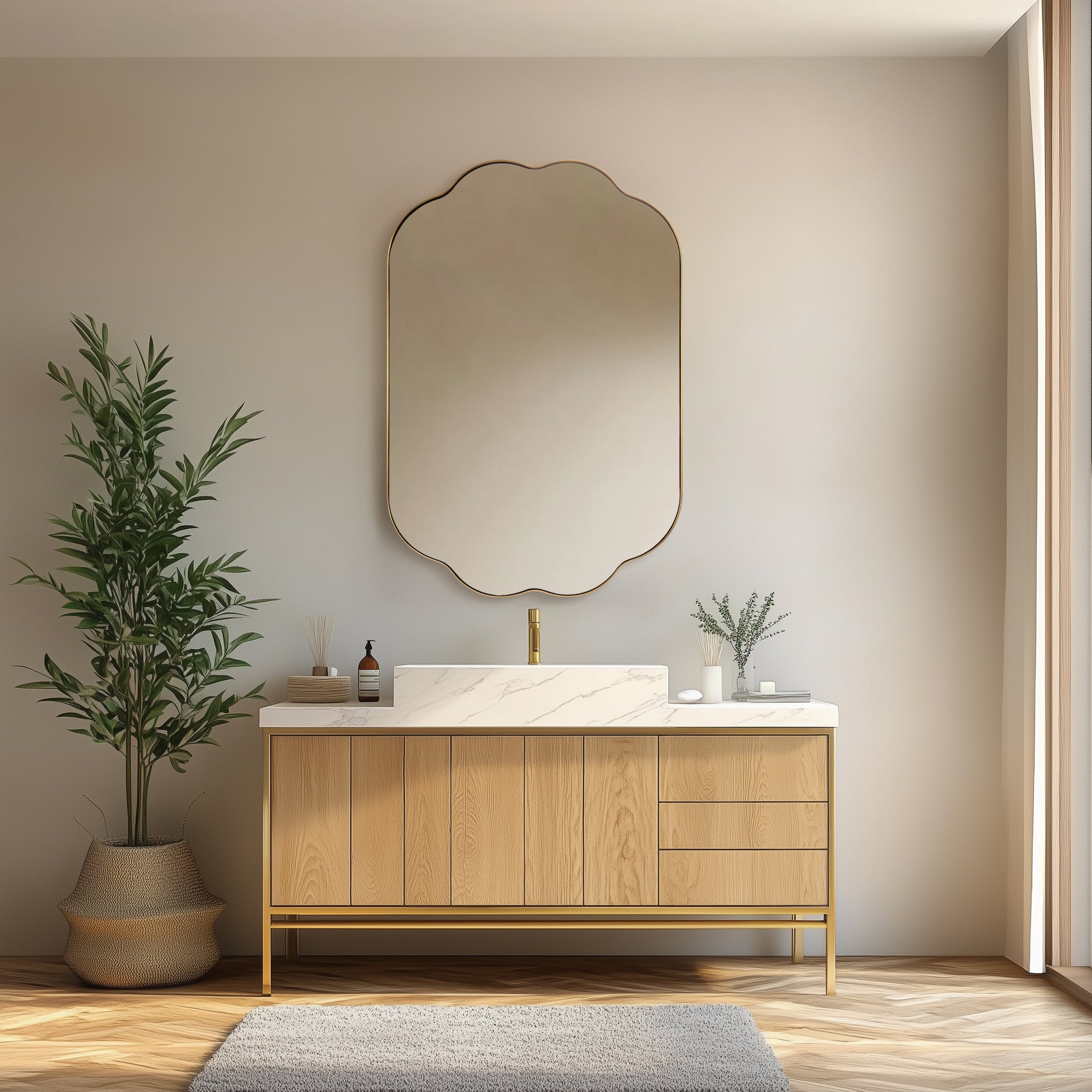 Contemporary Oval Scalloped Bathroom Vanity & Wall Mirror| Stainless Steel Framed