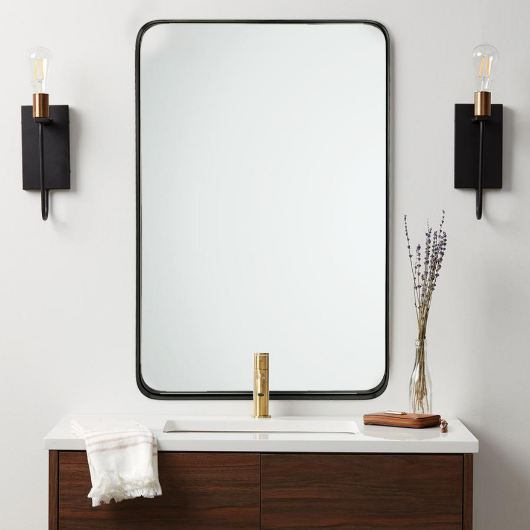 Open Box Like New : Modern Rounded Rectangle Mirror for Bathroom/ Vanity/ Wall | Stainless Steel Frame