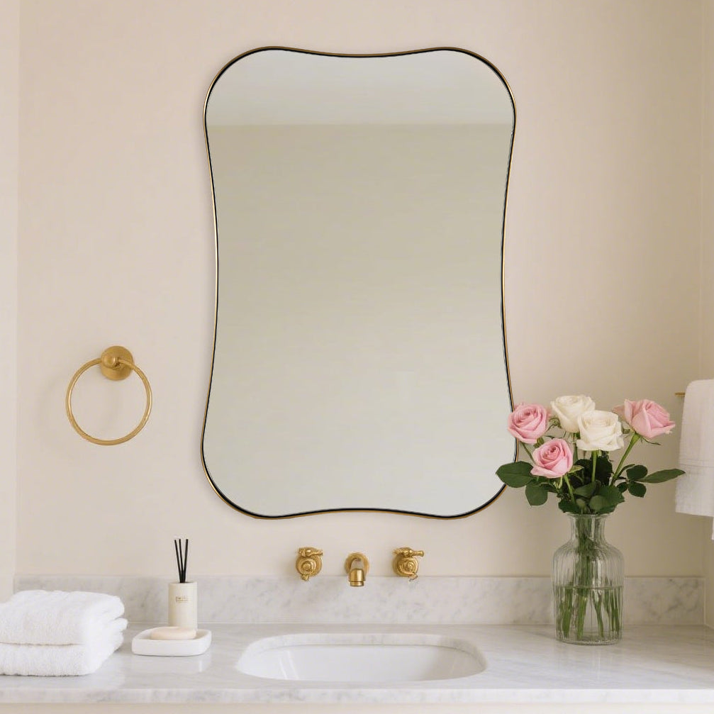 Contemporary Dual Concave Edge Rouded Scalloped Rectangle Wall Mirror | Stainless Steel Frame