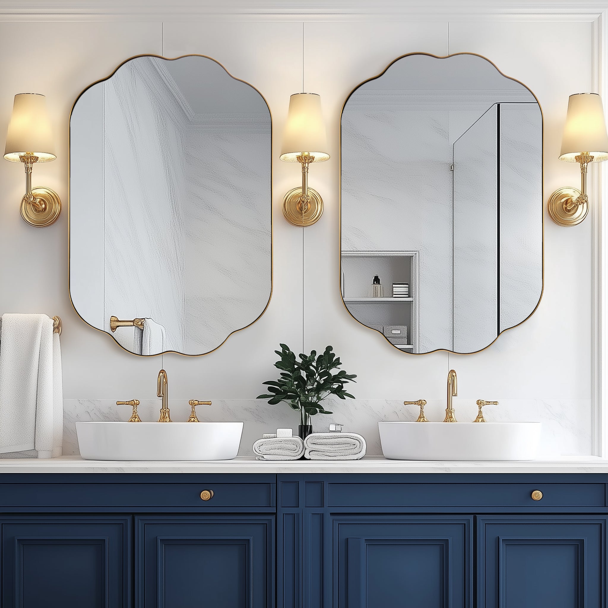 Contemporary Oval Scalloped Bathroom Vanity & Wall Mirror| Stainless Steel Framed