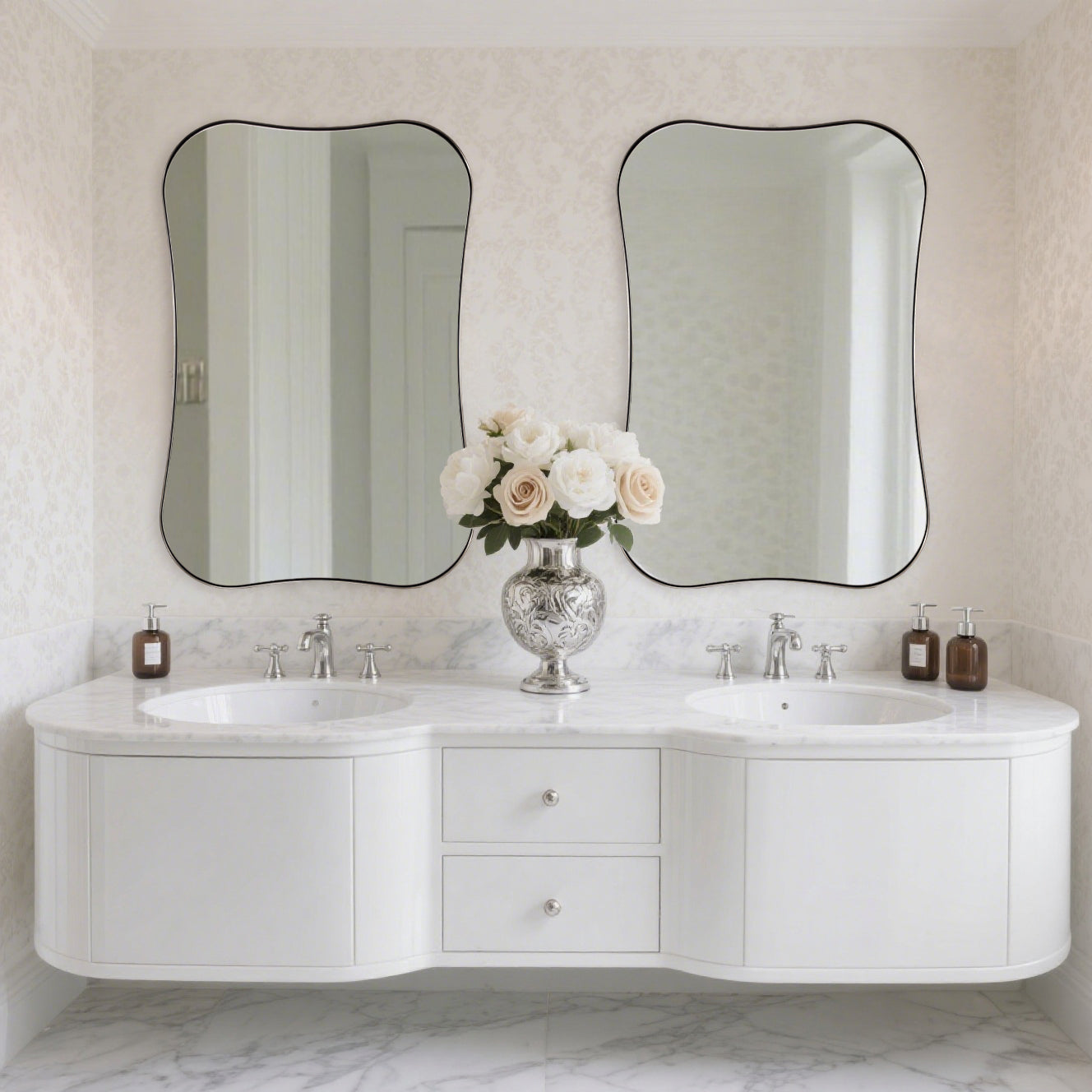 Contemporary Dual Concave Edge Rouded Scalloped Rectangle Wall Mirror | Stainless Steel Frame
