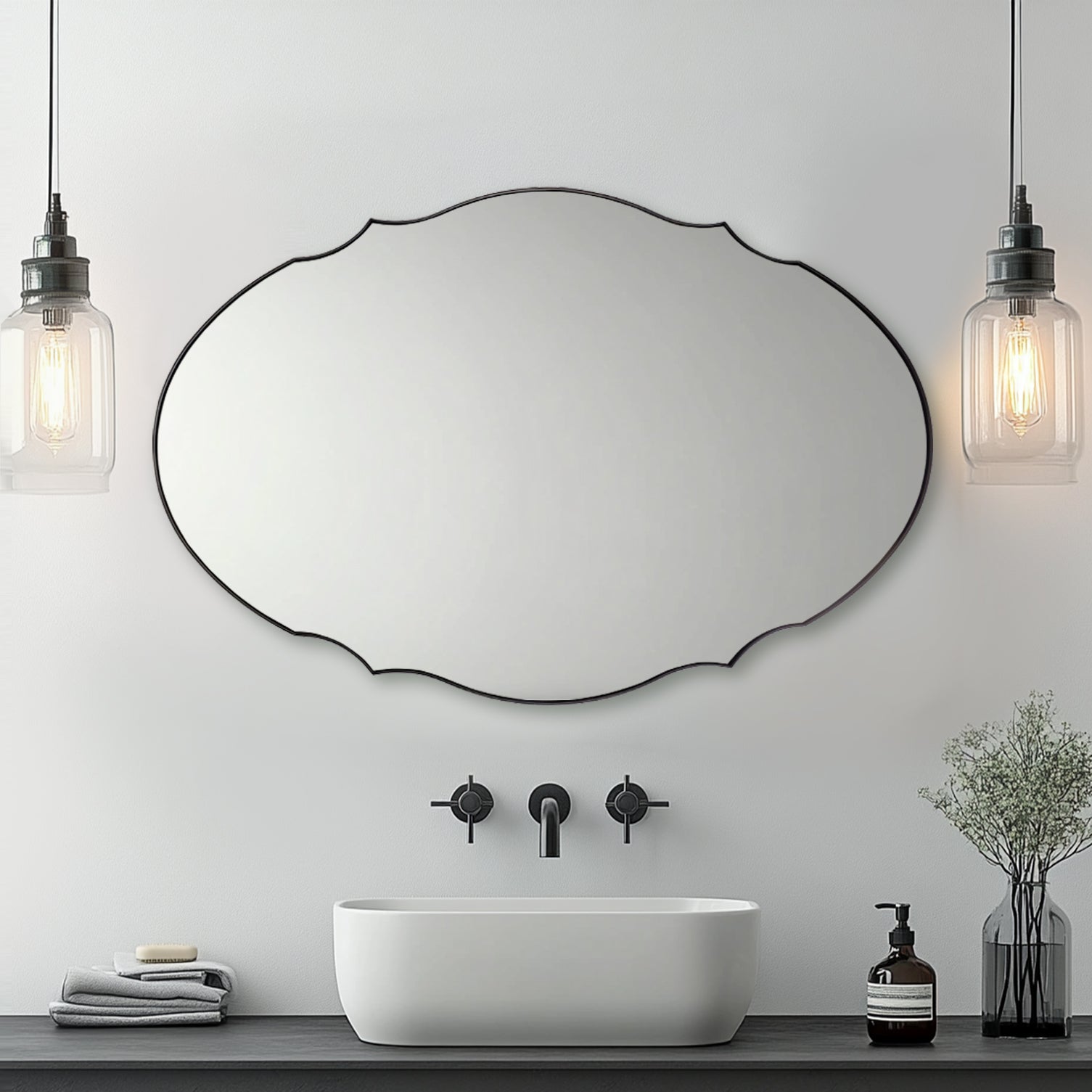 Contemporary Oval Scalloped Wall Mirror Irregular Bathroom Vanity Mirror| Stainless Steel Frame