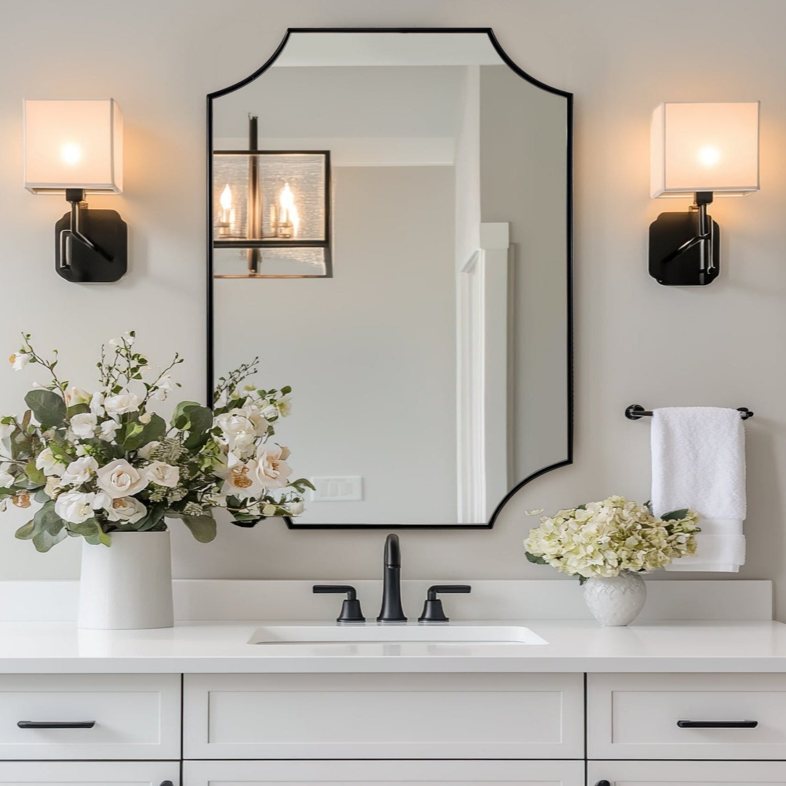 Contemporary  Rounded Notched Corner Scalloped  Rectangle Bathroom Vanity Mirror | Stainless Steel Frame