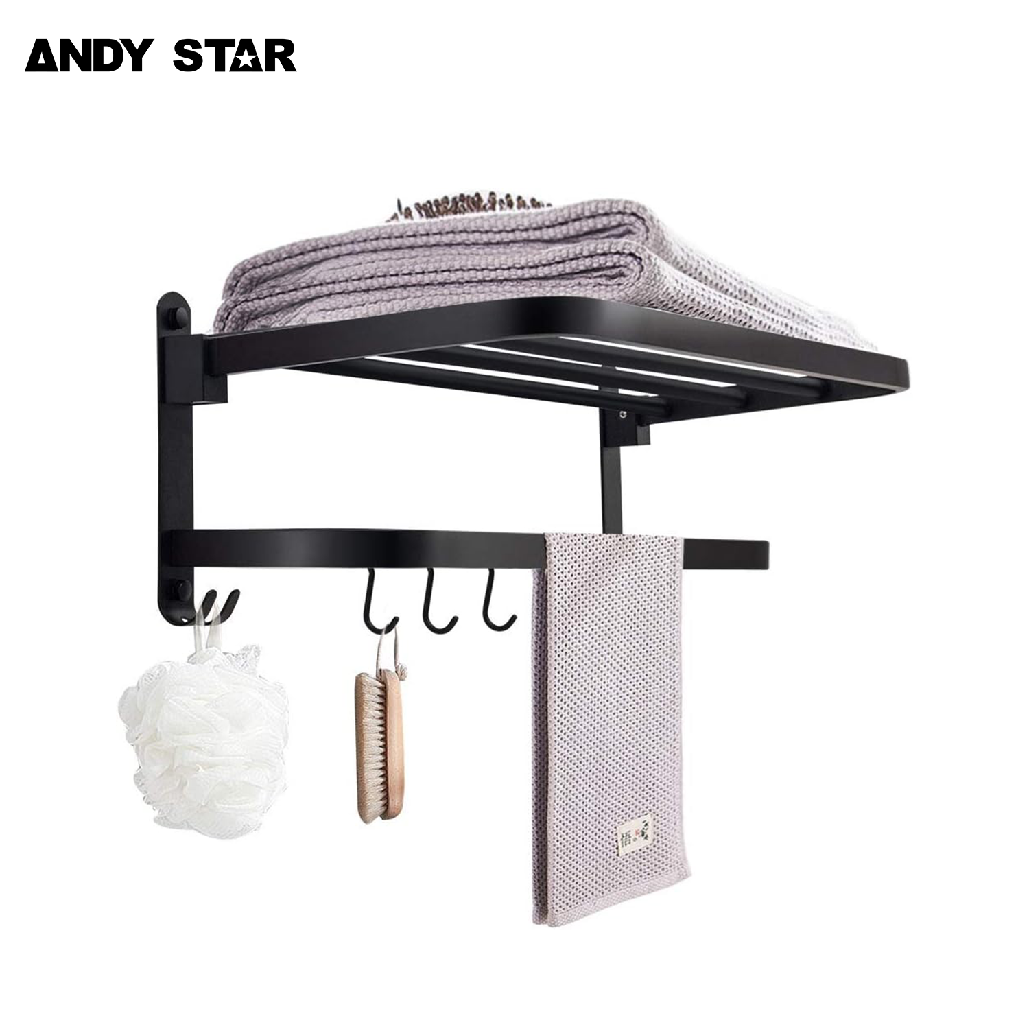 ANDY STAR Bathroom Lavatory Towel Rack, 23.6 Inch SUS 304 Stainless Steel Matte Black Towel Rack with Moveable Hooks Wall Mounted