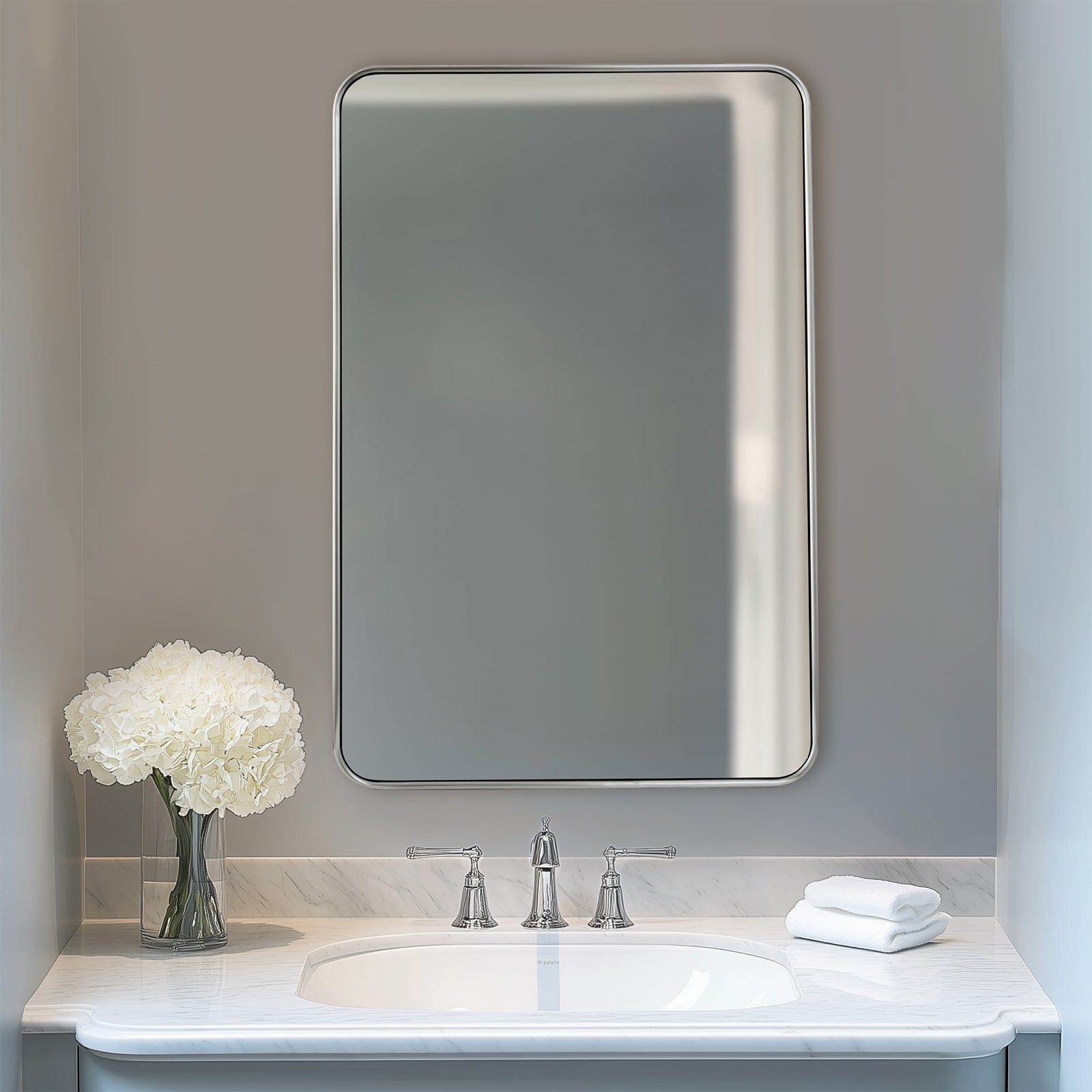 Contemporary Rounded Rectangular Bathroom Mirrors| Stainless Steel Thick Frame