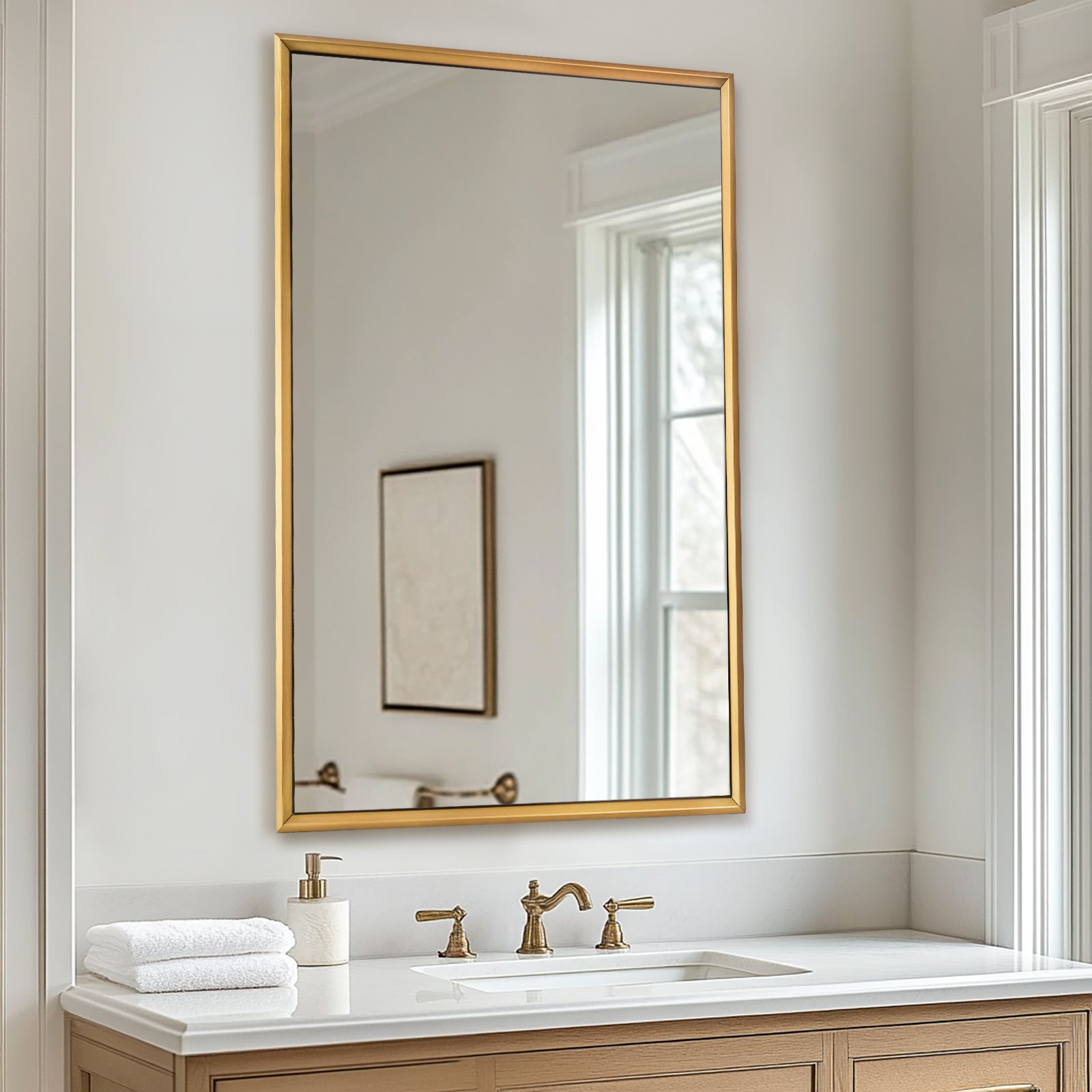 Contemporary Beveled Framed Rectangle Wall Mirror for Bathroom Vanity|Stainless Steel Frame